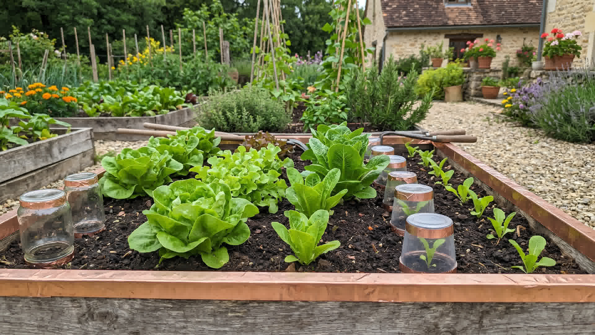 Jardin potager sans limaces avec laitues et jeunes plants protégés par des barrières naturelles en France