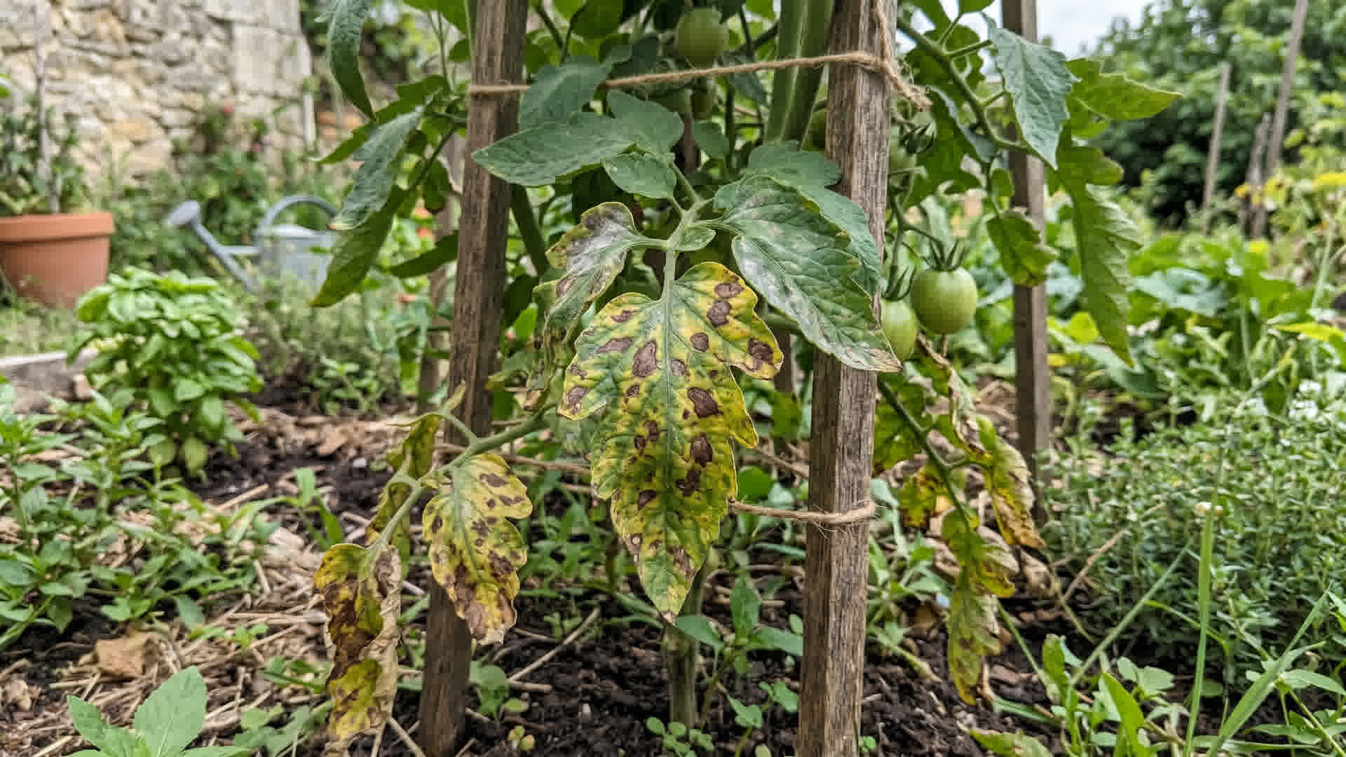 Feuilles de tomate avec taches noires de mildiou dans un potager français