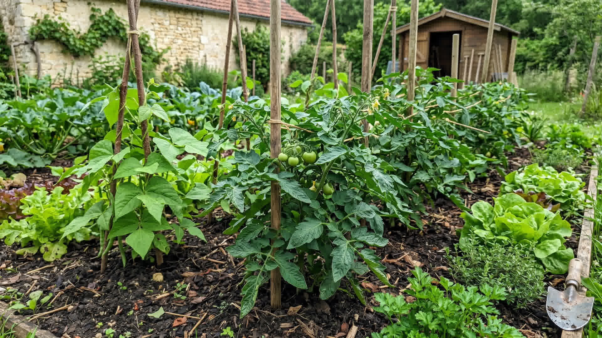 Plants de légumes sains et vigoureux avec feuilles vertes dans un potager bien entretenu