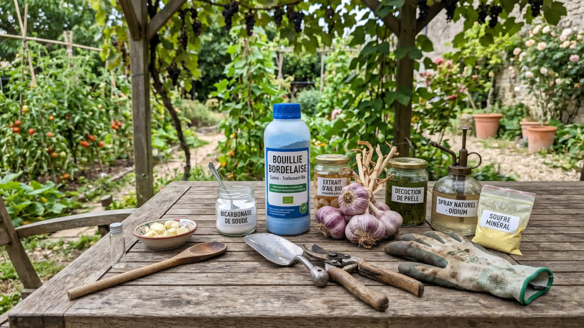 Traitements naturels contre les maladies des plantes : bouillie bordelaise, bicarbonate, ail sur une table de jardin