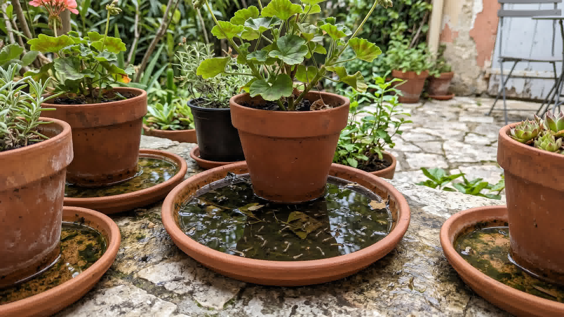 Eau stagnante dans des soucoupes de pots sur une terrasse française créant des zones de reproduction pour les moustiques
