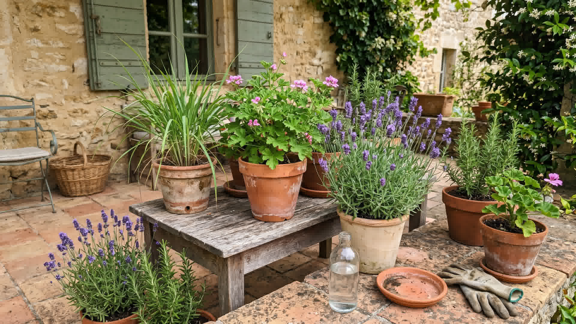 Plantes anti-moustiques sur une terrasse française : citronnelle, géranium, lavande en pots