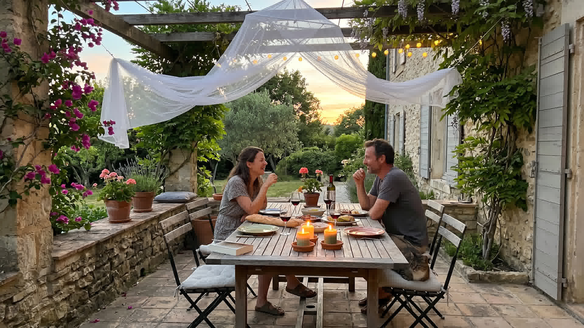 Terrasse française sans moustiques en soirée avec répulsifs naturels : bougies citronnelle, moustiquaires, plantes