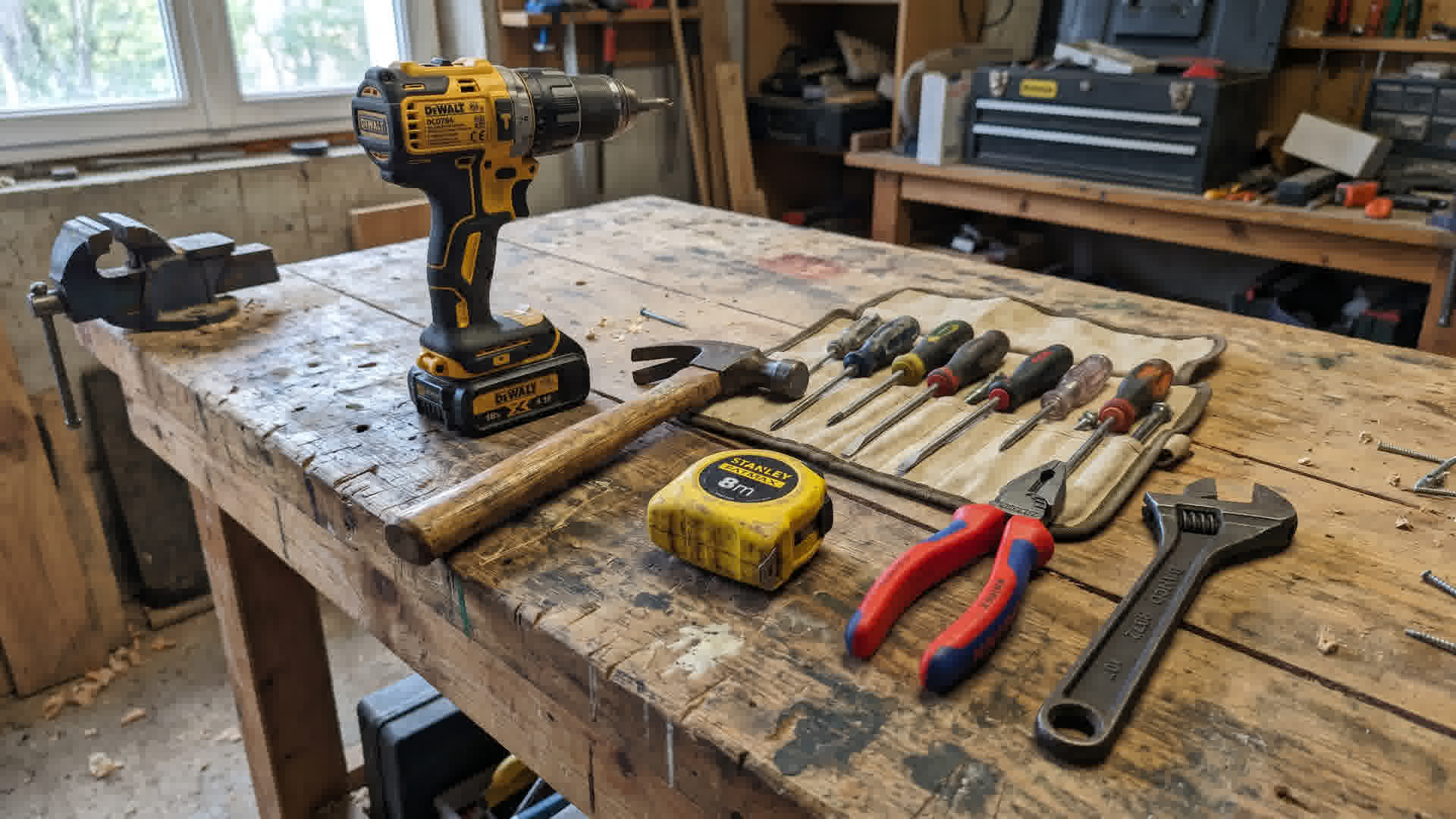 Outils de base essentiels sur un établi de maison française : perceuse, marteau, tournevis, mètre ruban, pince