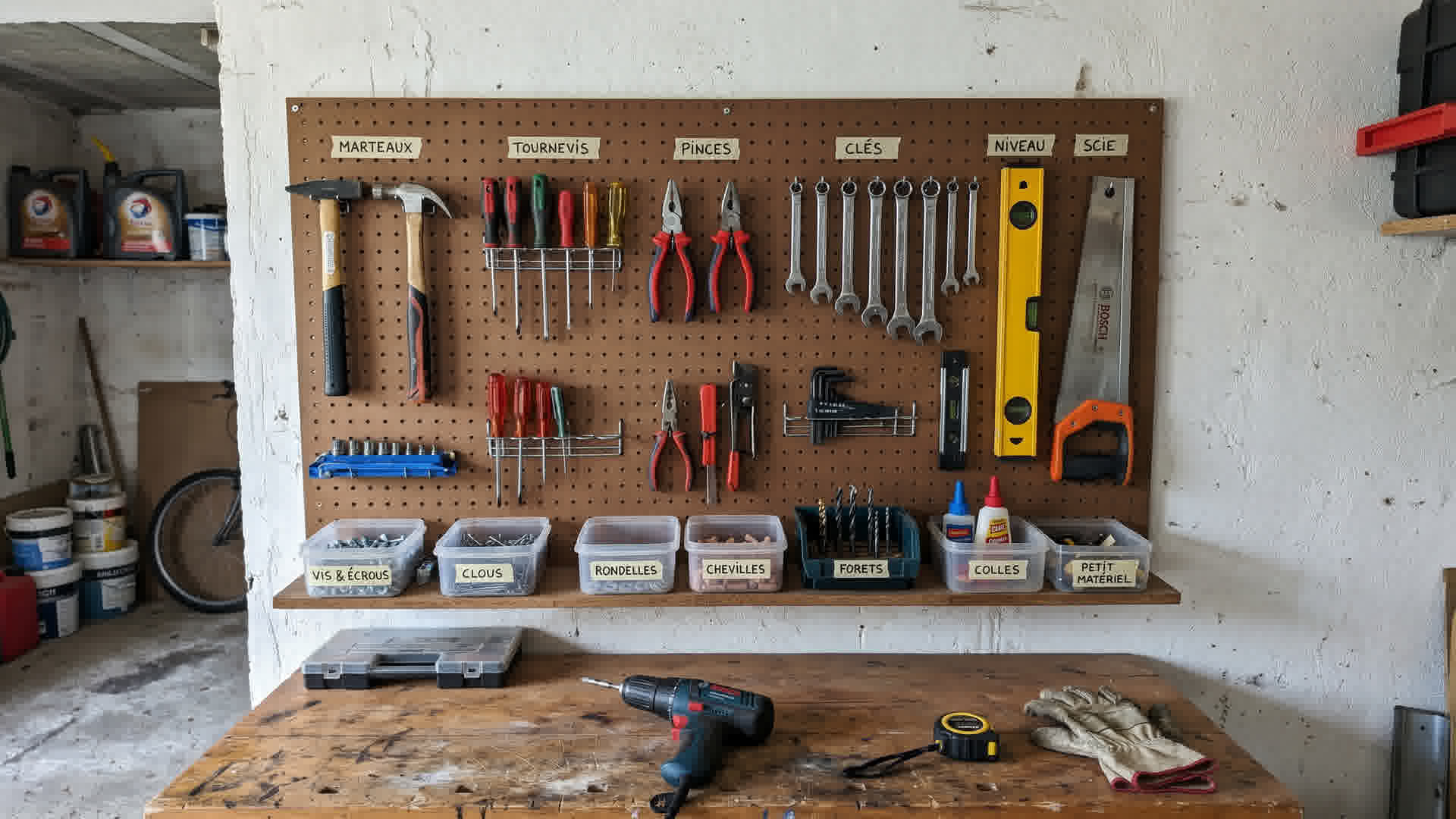 Rangement d'outils organisé dans un garage français avec outils sur panneau perforé et contenants étiquetés