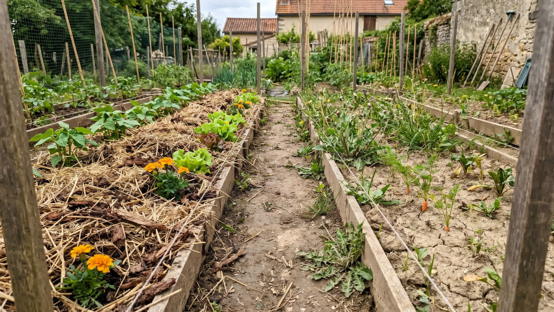 Comparaison de deux rangées de potager français : une avec paillis épais, une avec sol nu montrant mauvaises herbes et sécheresse