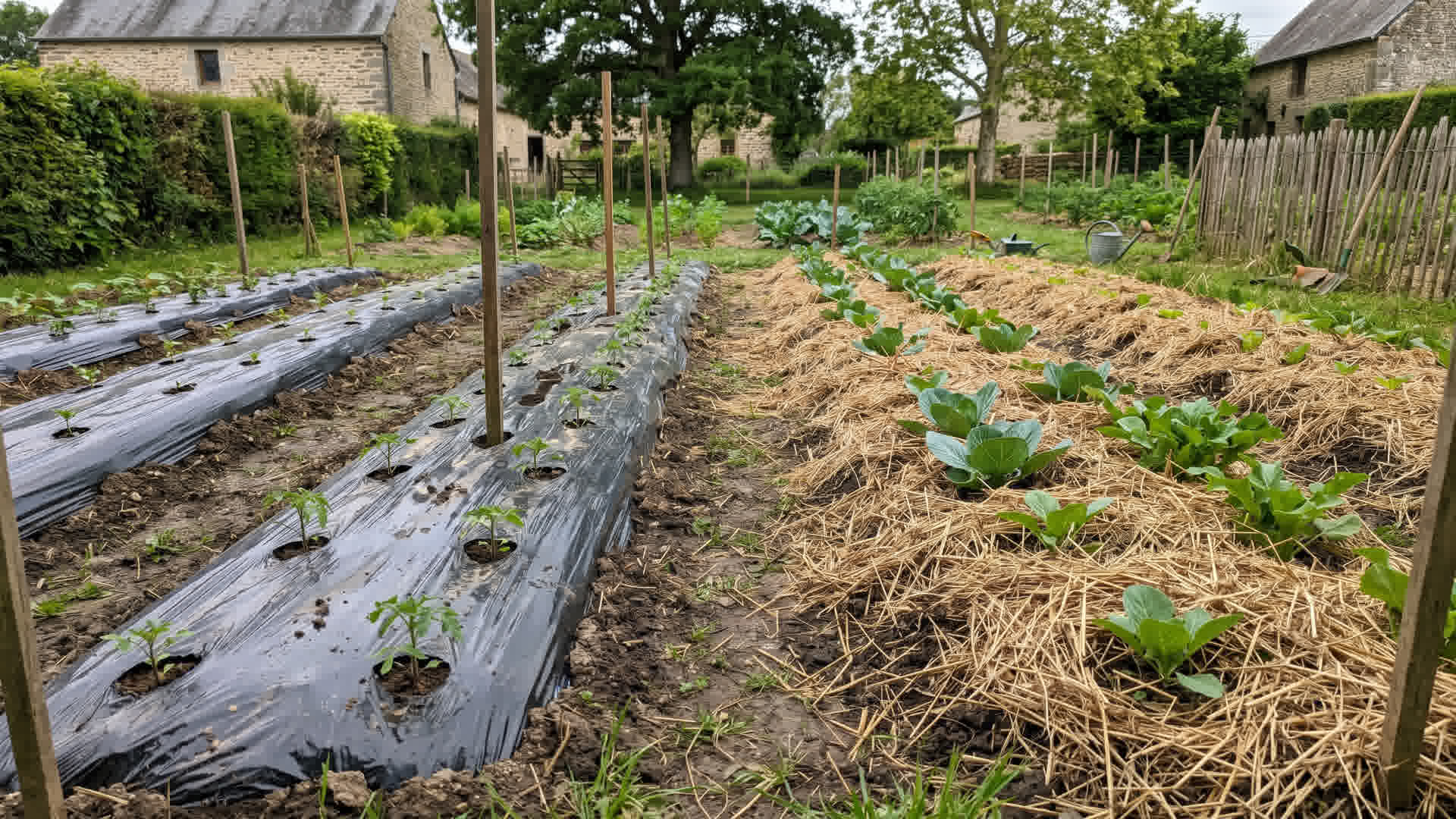 Jardin potager avec paillage plastique sur certains rangs et paillage organique en paille sur d'autres