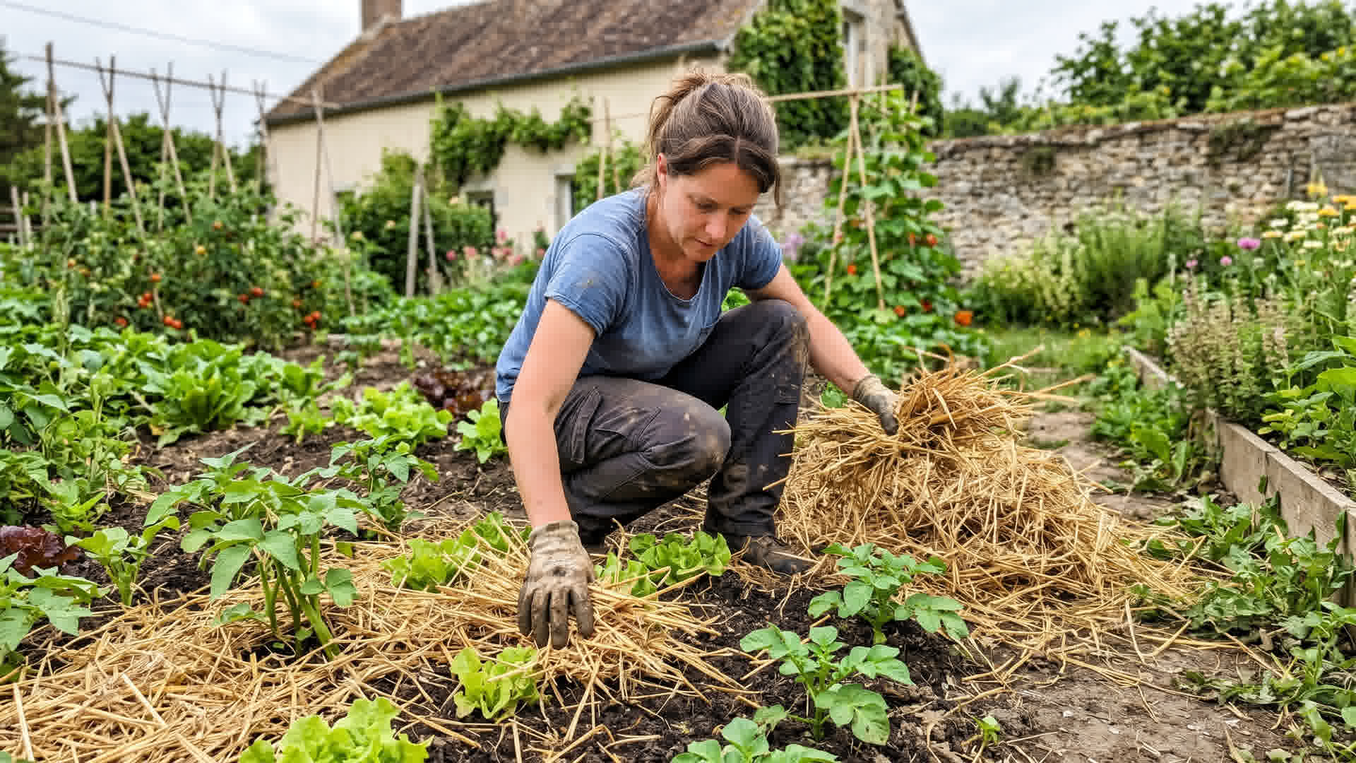 Main étendant un paillage épais de paille autour de plants de légumes dans un jardin français