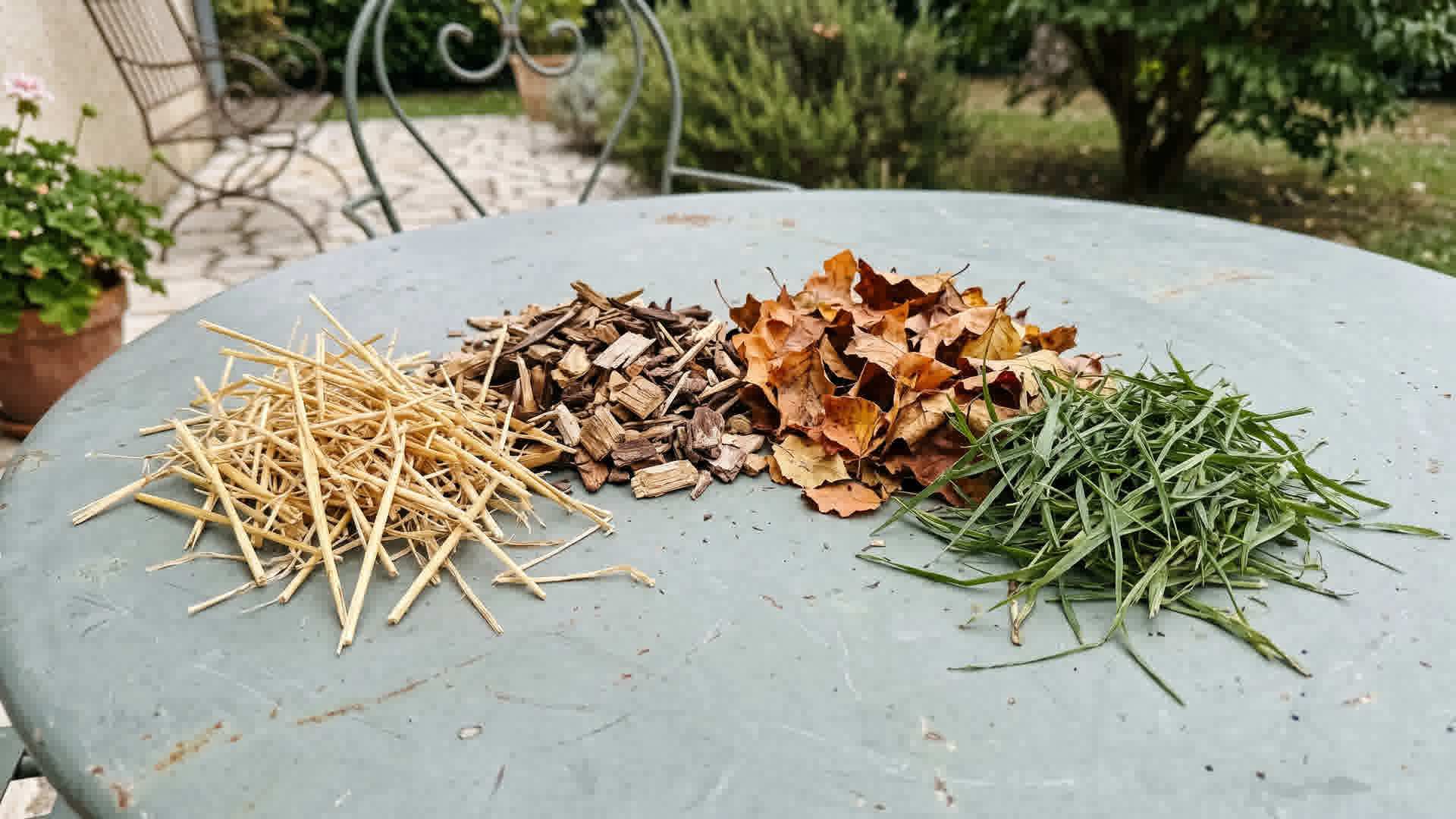 Différents matériaux de paillage sur une table de jardin : paille, copeaux de bois, feuilles mortes, tontes de gazon