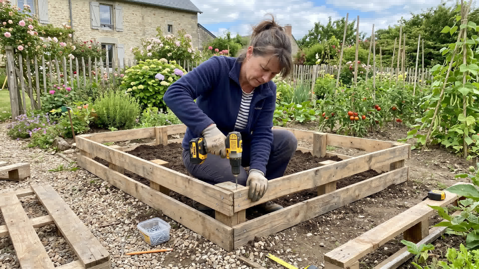 Personne assemblant un bac potager surélevé en palettes de bois dans un jardin français avec perceuse et vis