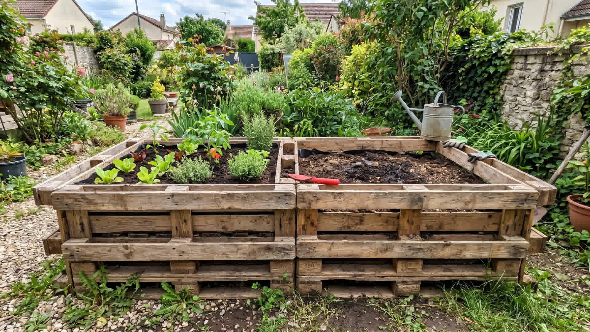 Palettes en bois empilées pour former un bac potager surélevé dans un jardin français avec de la terre à l'intérieur