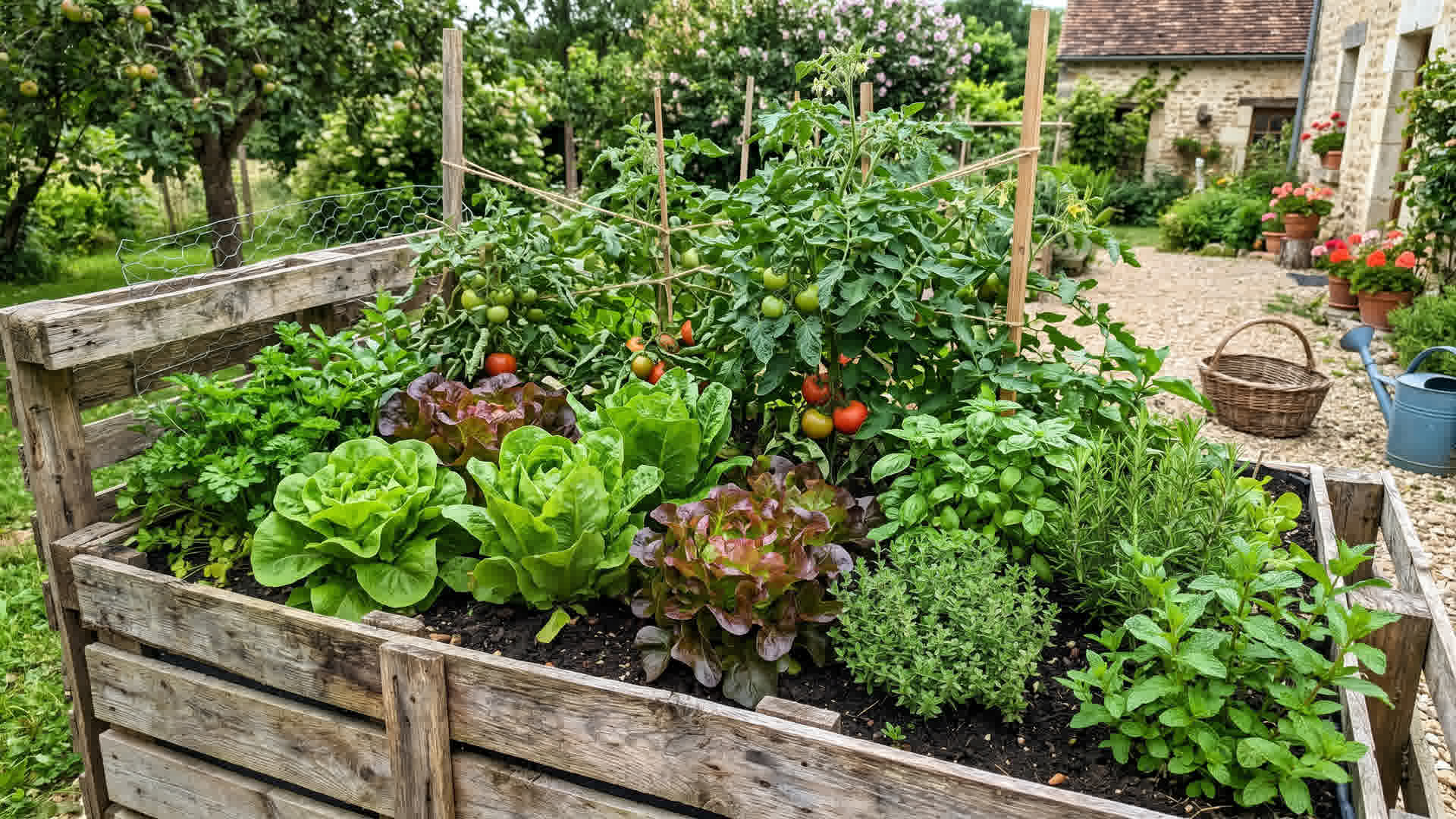 Bac potager en palettes terminé avec légumes poussant bien : laitues, tomates, herbes dans un jardin français