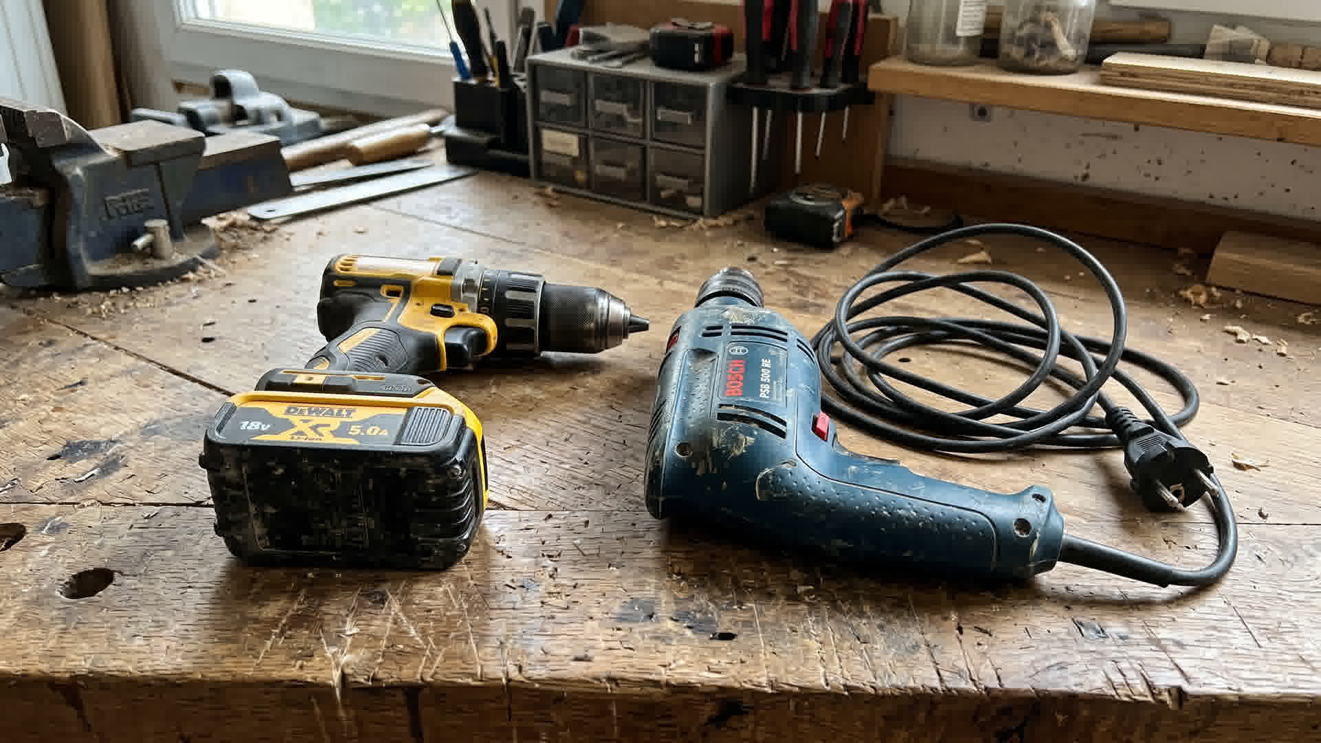 Deux perceuses côte à côte sur un établi français : une perceuse sans fil avec batterie et une perceuse filaire avec câble