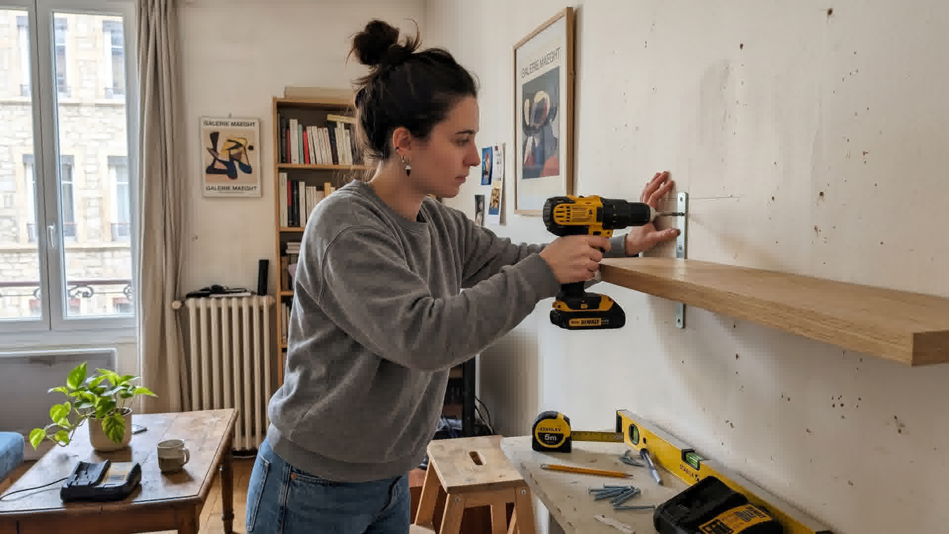 Perceuse sans fil utilisée pour fixer une étagère au mur dans un appartement français