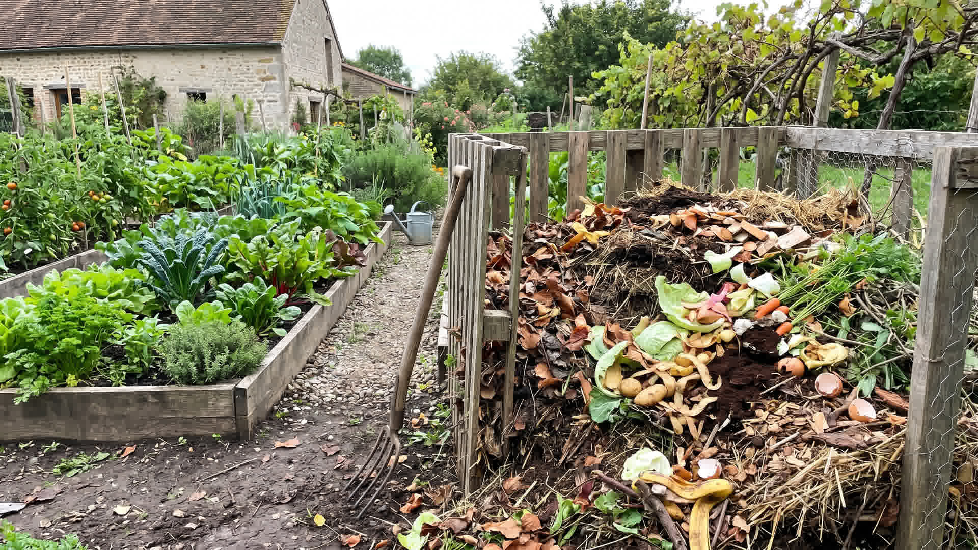 Tas de compost dans un jardin français à côté des planches de légumes, avec paille, feuilles et déchets végétaux visibles