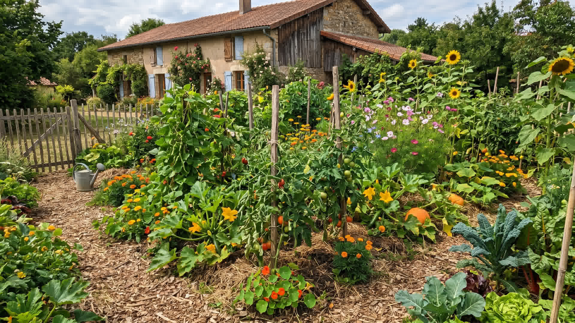 Jardin français en permaculture avec plantes diversifiées poussant naturellement sans rangées droites, légumes mélangés aux fleurs