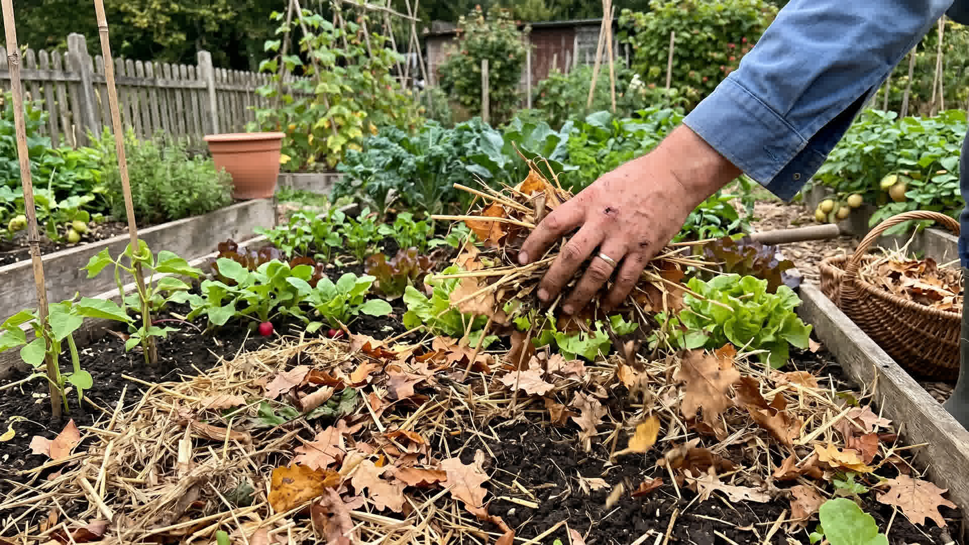 Main étendant un paillage épais de paille et feuilles mortes autour de plants de légumes dans un jardin français