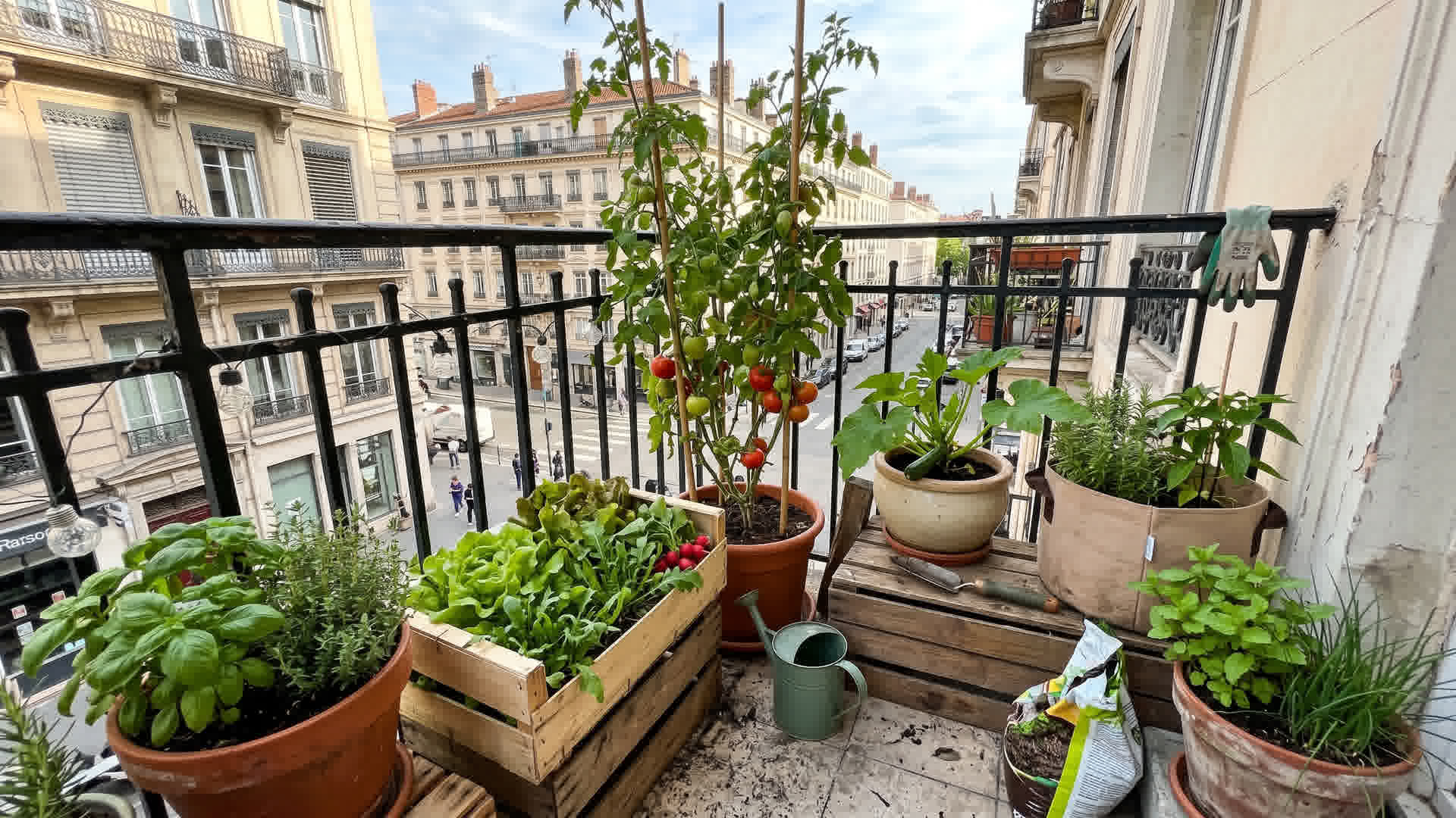 Petit potager sur un balcon d'appartement français avec pots de tomates, herbes, laitues, caisses en bois comme jardinières