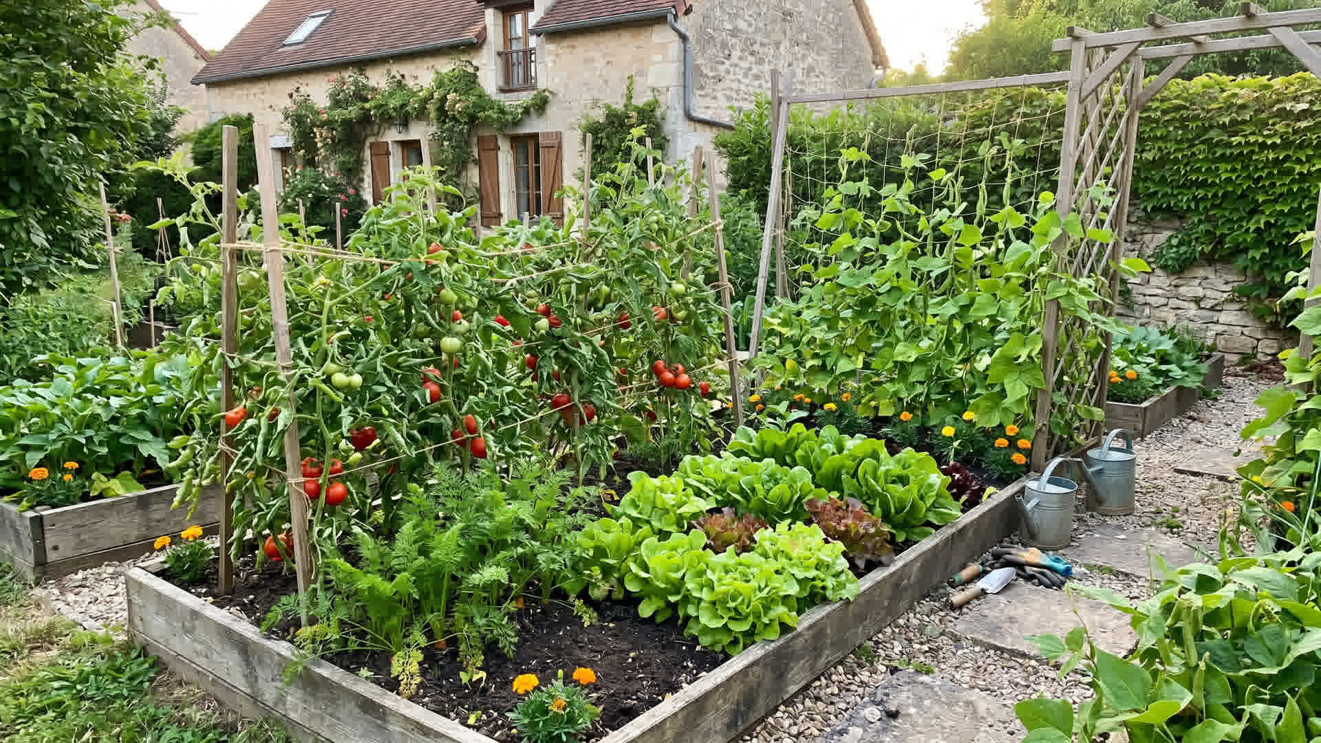 Petit potager productif dans un jardin français avec tomates, laitues, haricots et carottes poussant bien