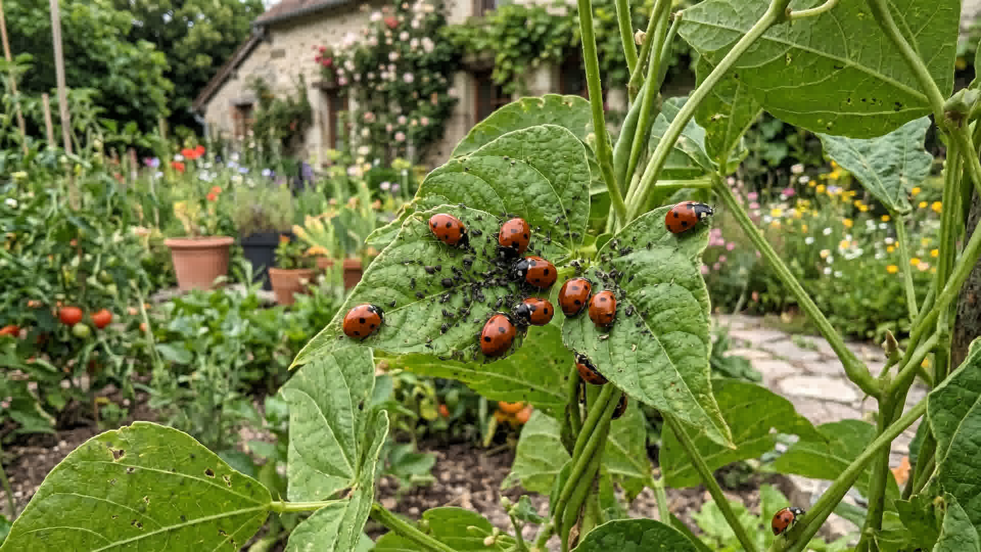 Coccinelles sur une feuille de plante au jardin, lutte naturelle contre les pucerons
