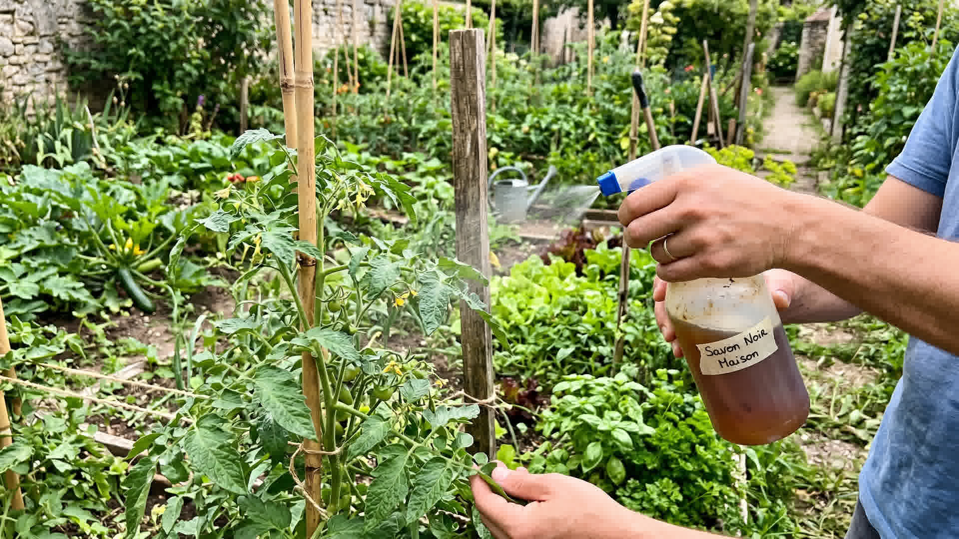 Pulvérisation de solution au savon noir sur des plants de légumes dans un jardin français