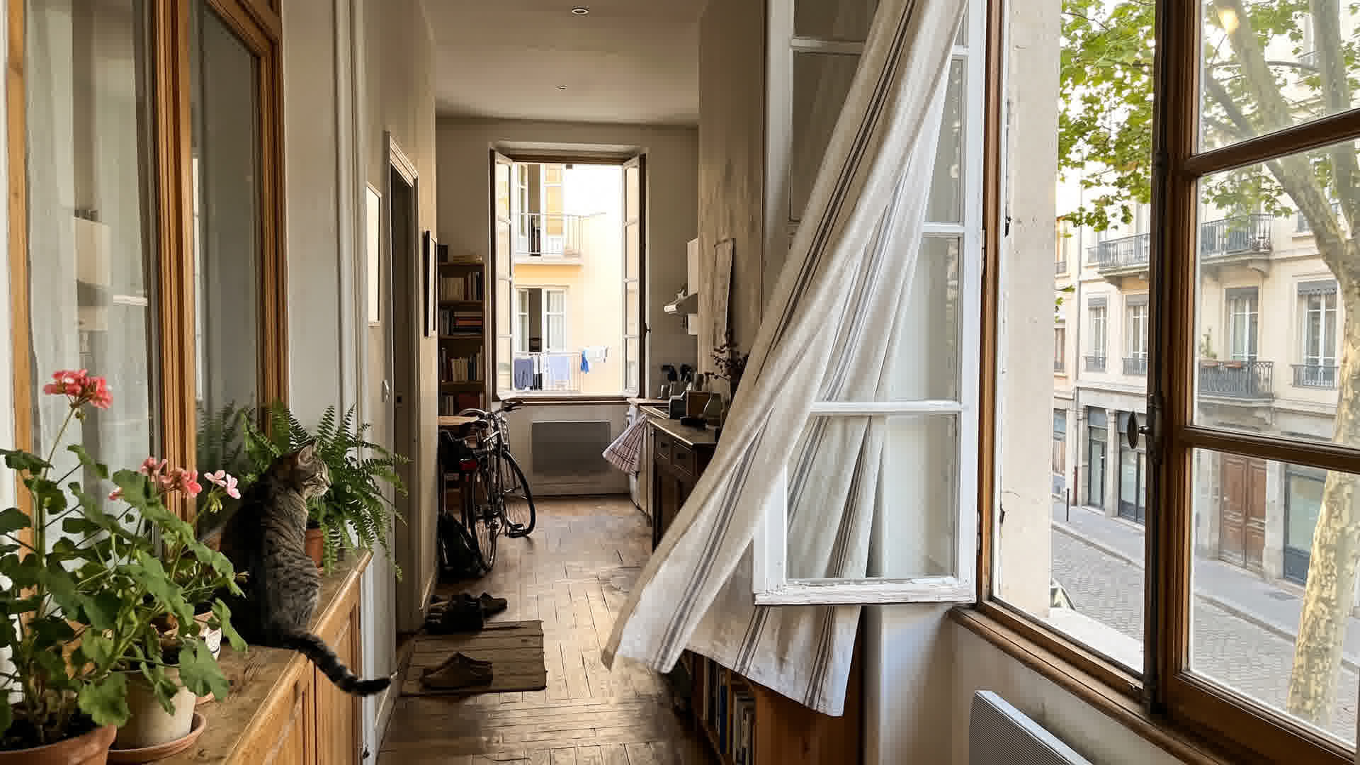 Courants d'air créés par des fenêtres ouvertes sur deux côtés opposés d'un appartement français