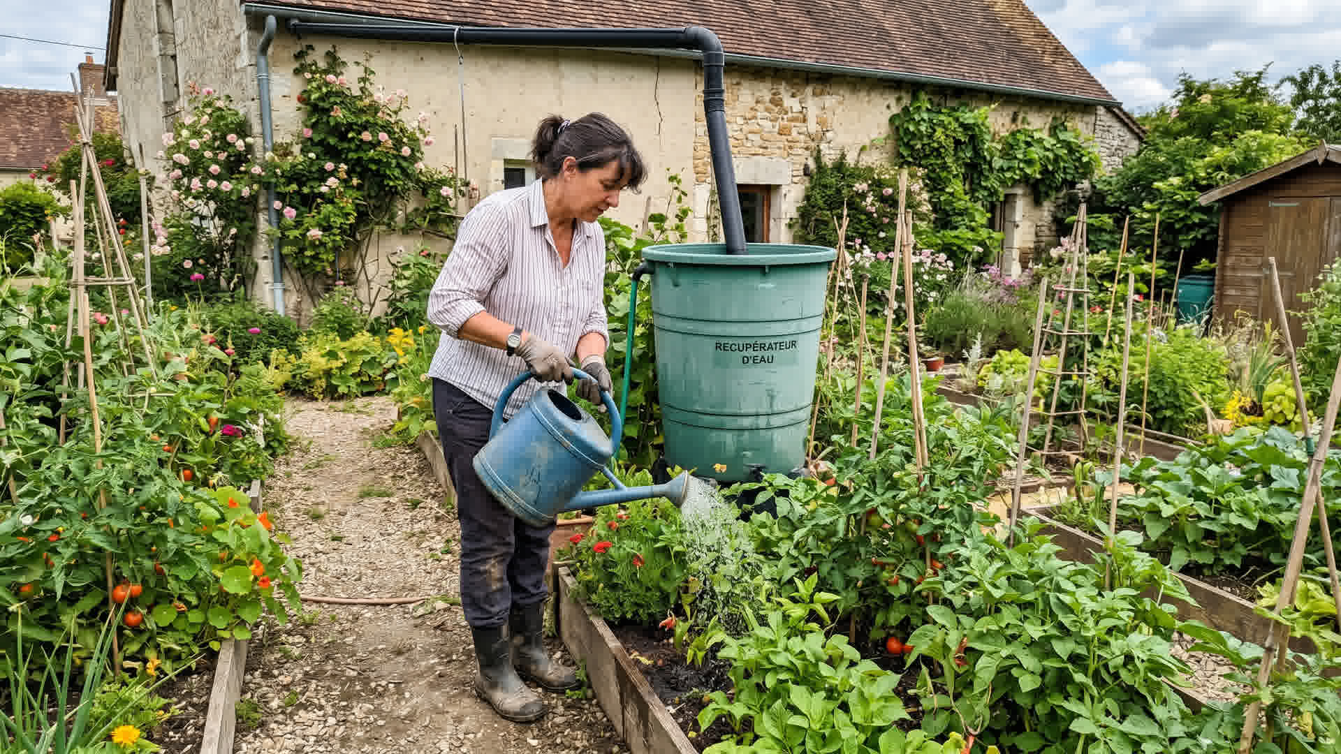 Personne arrosant des plantes de jardin avec l'eau d'un récupérateur d'eau de pluie dans un jardin français