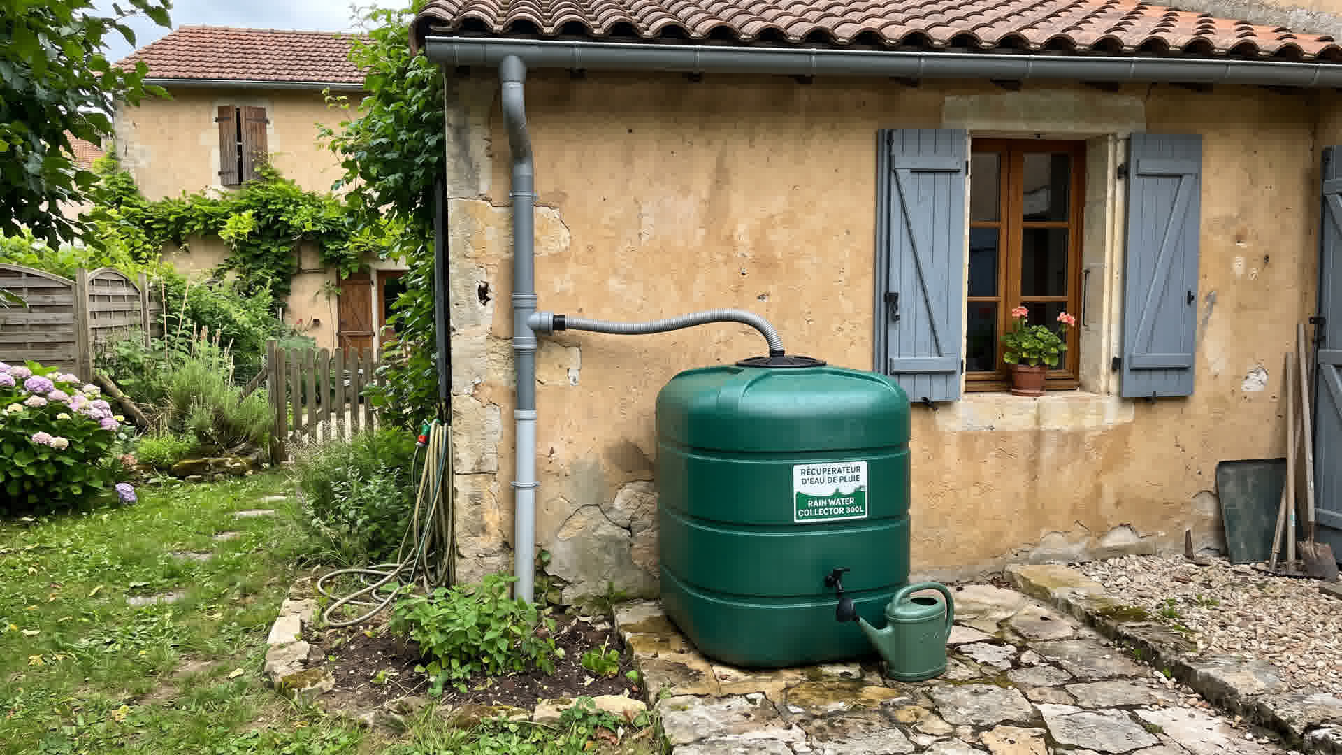 Citerne verte de récupération d'eau de pluie connectée à une descente de gouttière sur une maison française