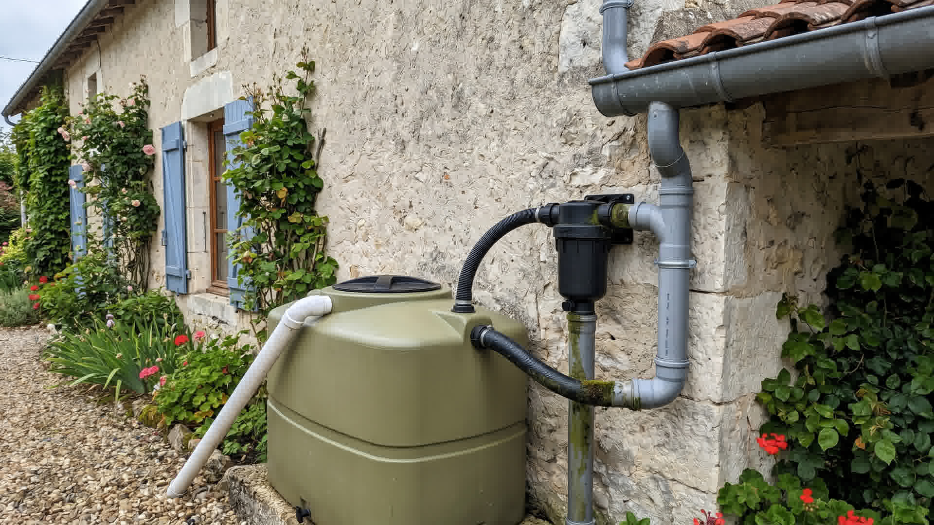 Détail d'installation d'un récupérateur d'eau de pluie avec raccordement gouttière, filtre et trop-plein sur maison française