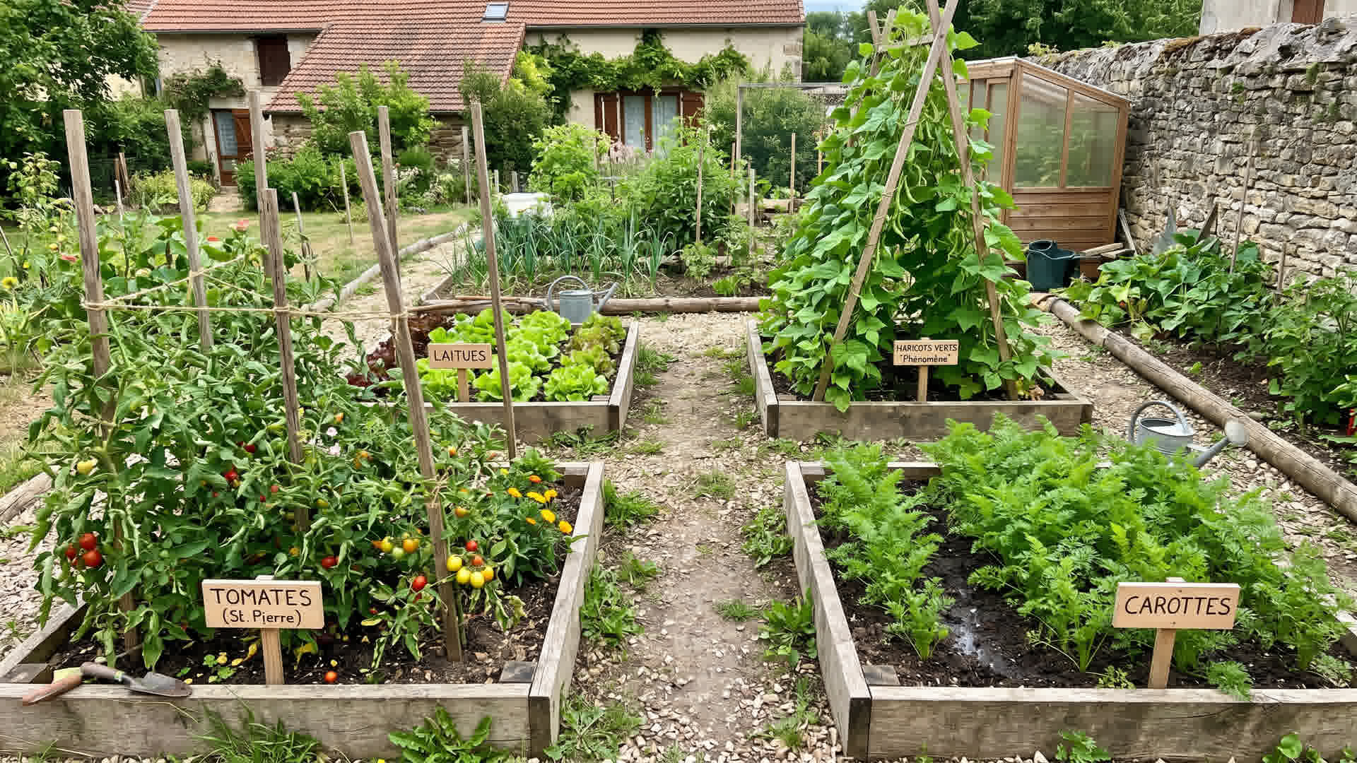 Jardin potager avec quatre carrés marqués montrant différentes cultures en rotation : tomates, laitues, haricots, carottes