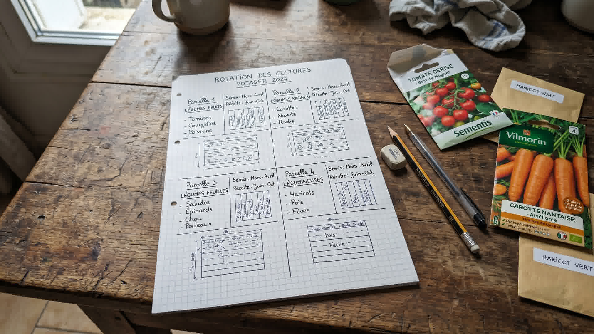 Plan de rotation des cultures dessiné sur papier quadrillé