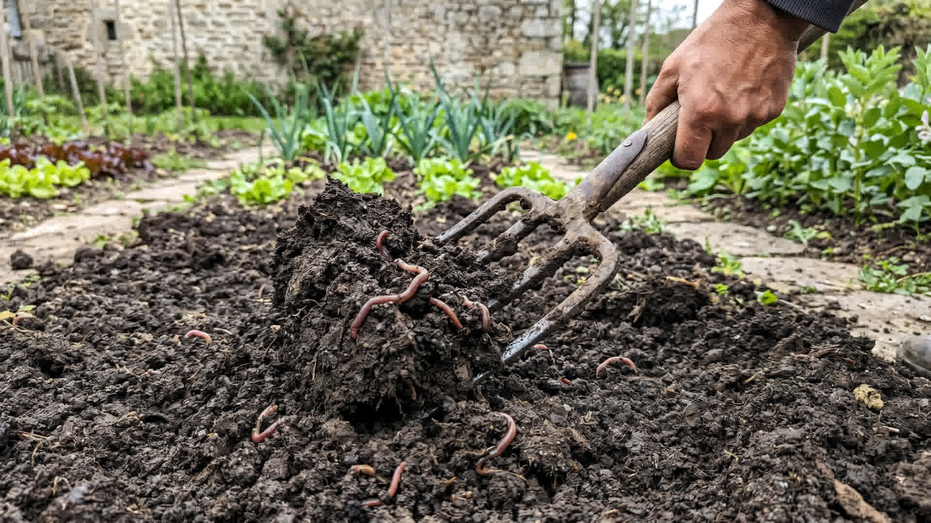 Sol de potager couvert de matière organique et travaillé à la fourche