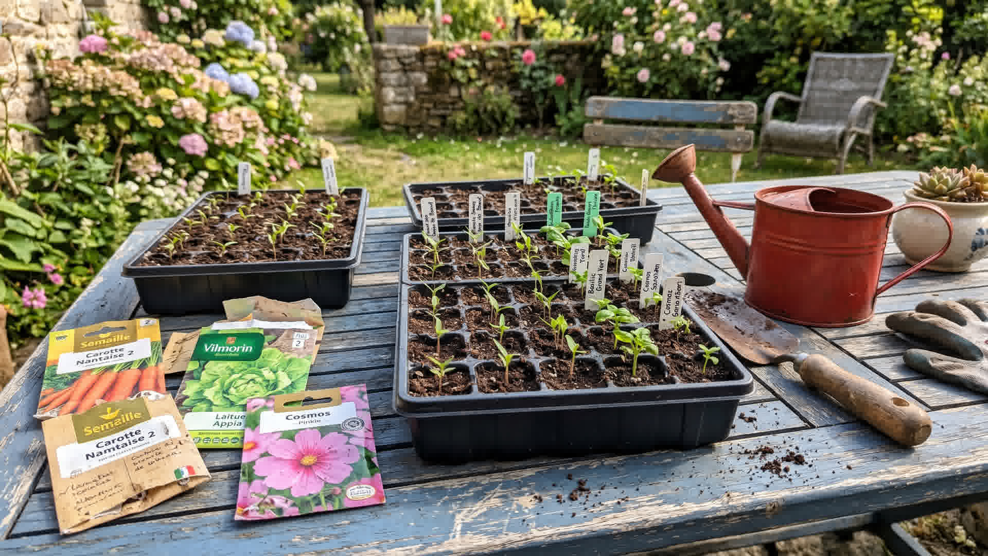 Plateaux de semis et sachets de graines au potager en juillet