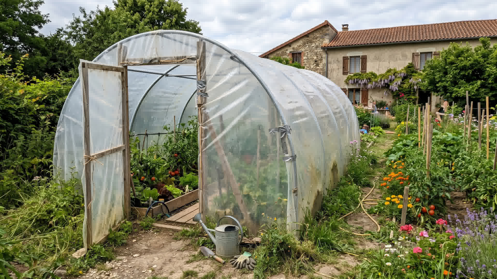 Tunnel de jardin en plastique avec film de couverture dans un jardin français