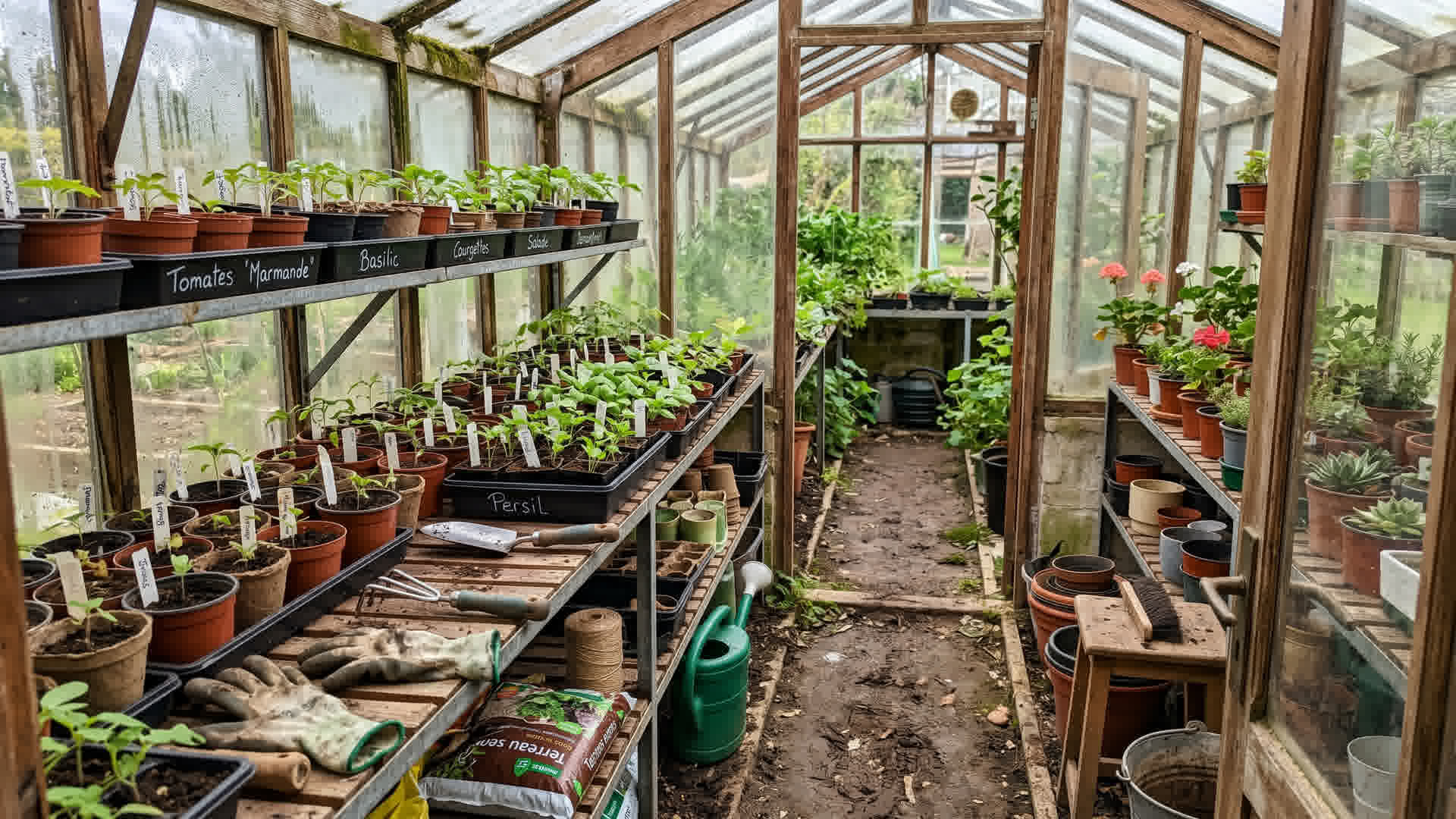 Intérieur d'une serre de jardin avec étagères, semis en germination, outils de jardinage et petites plantes