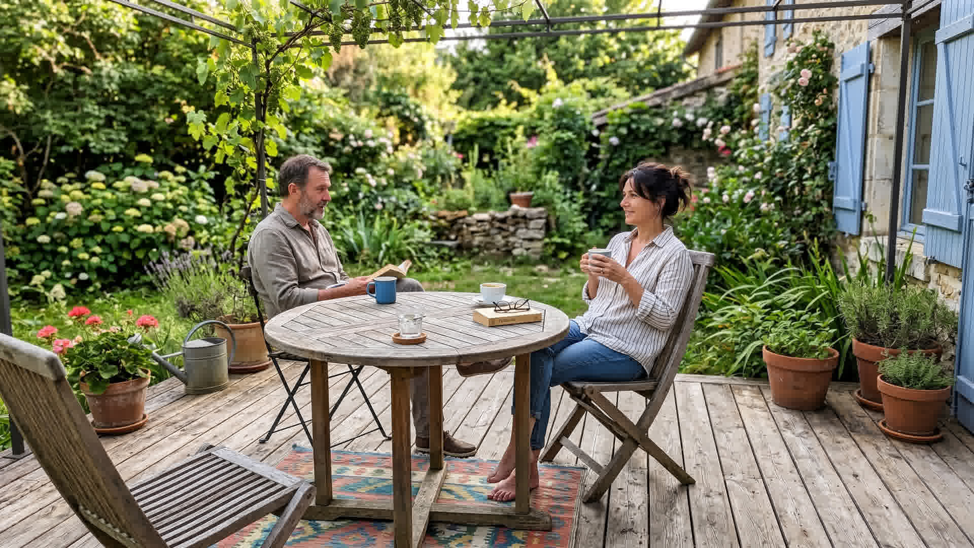 Terrasse en bois avec lames de terrasse et meubles de jardin dans une maison française