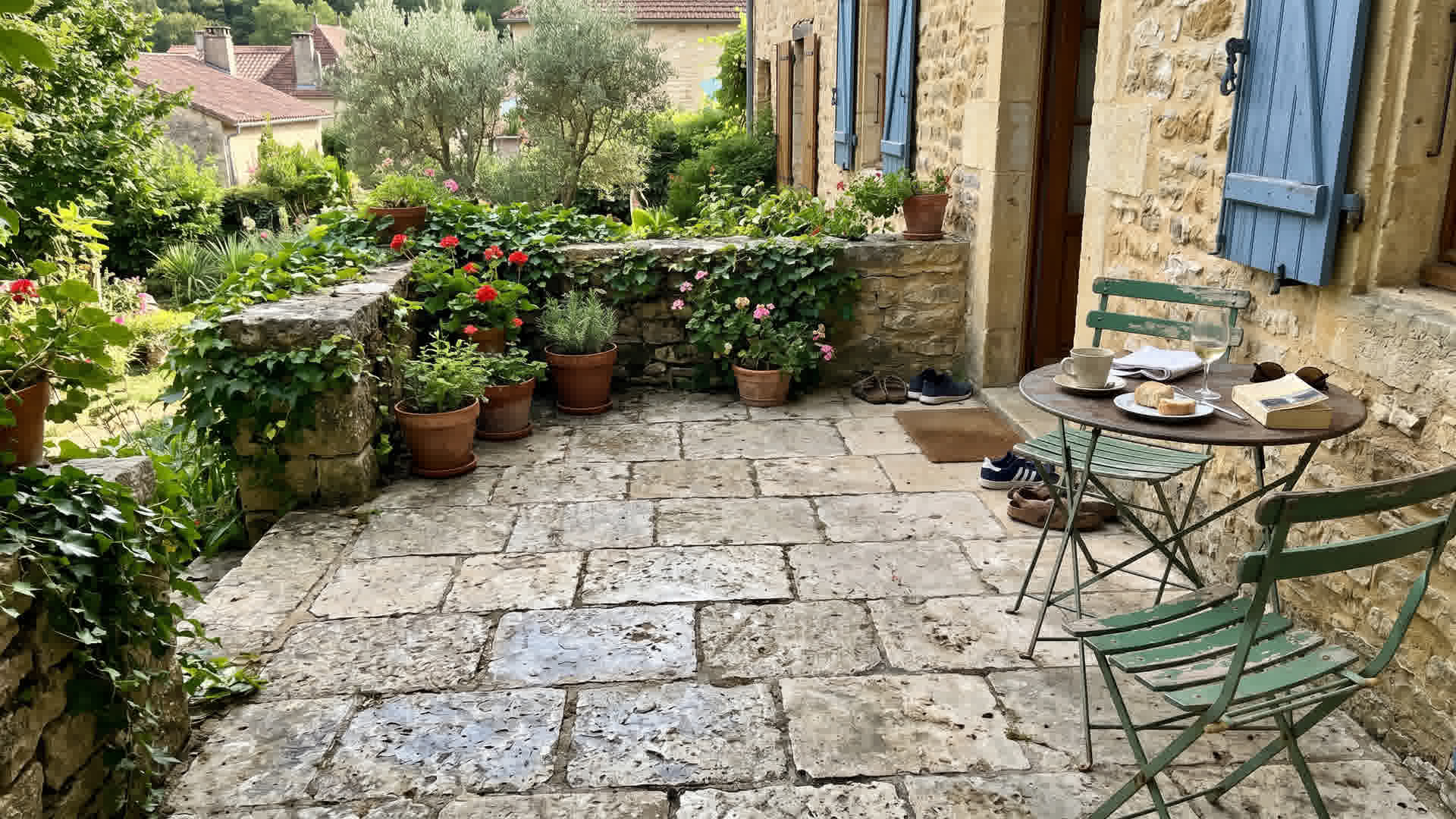 Terrasse en dalles de pierre ou béton avec meubles de jardin dans une maison française