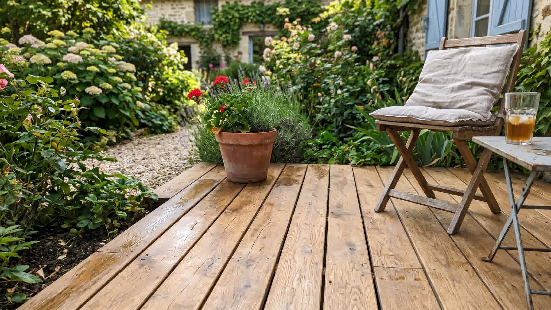 Terrasse en bois propre après nettoyage naturel dans un jardin français, lames ravivées sans mousse