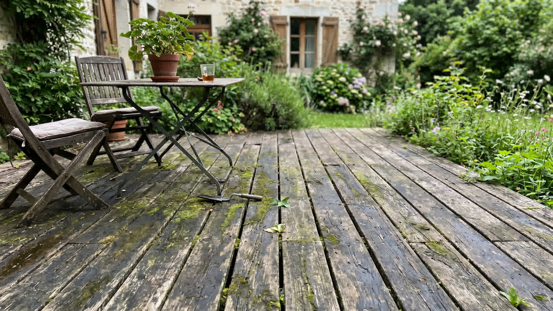 Terrasse en bois sale avec mousse et taches vertes sur les lames dans un jardin de maison française