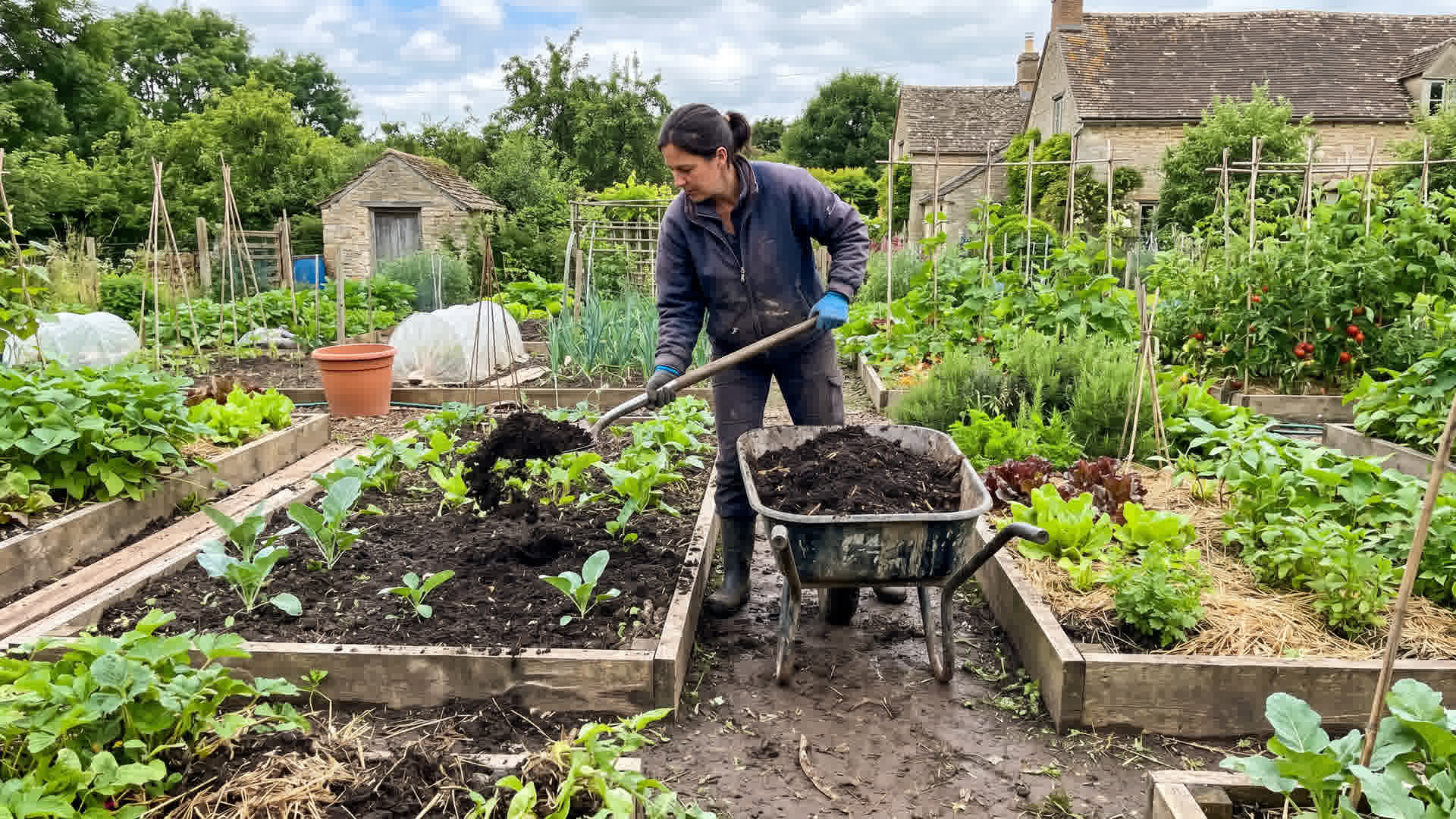 Compost ajouté à la terre du jardin dans un potager français avec brouette de compost et épandage sur les planches