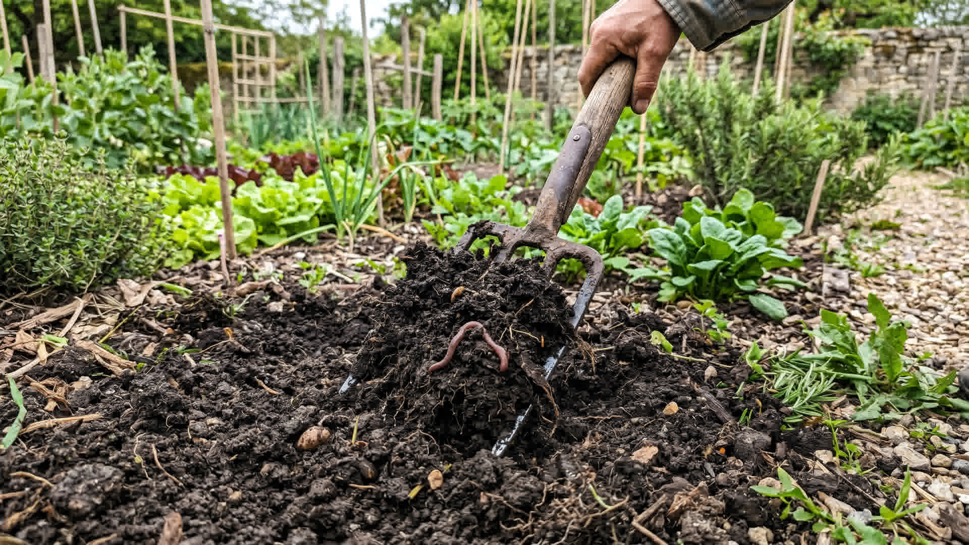 Terre sombre et riche travaillée avec une fourche de jardin dans un potager français avec vers de terre visibles