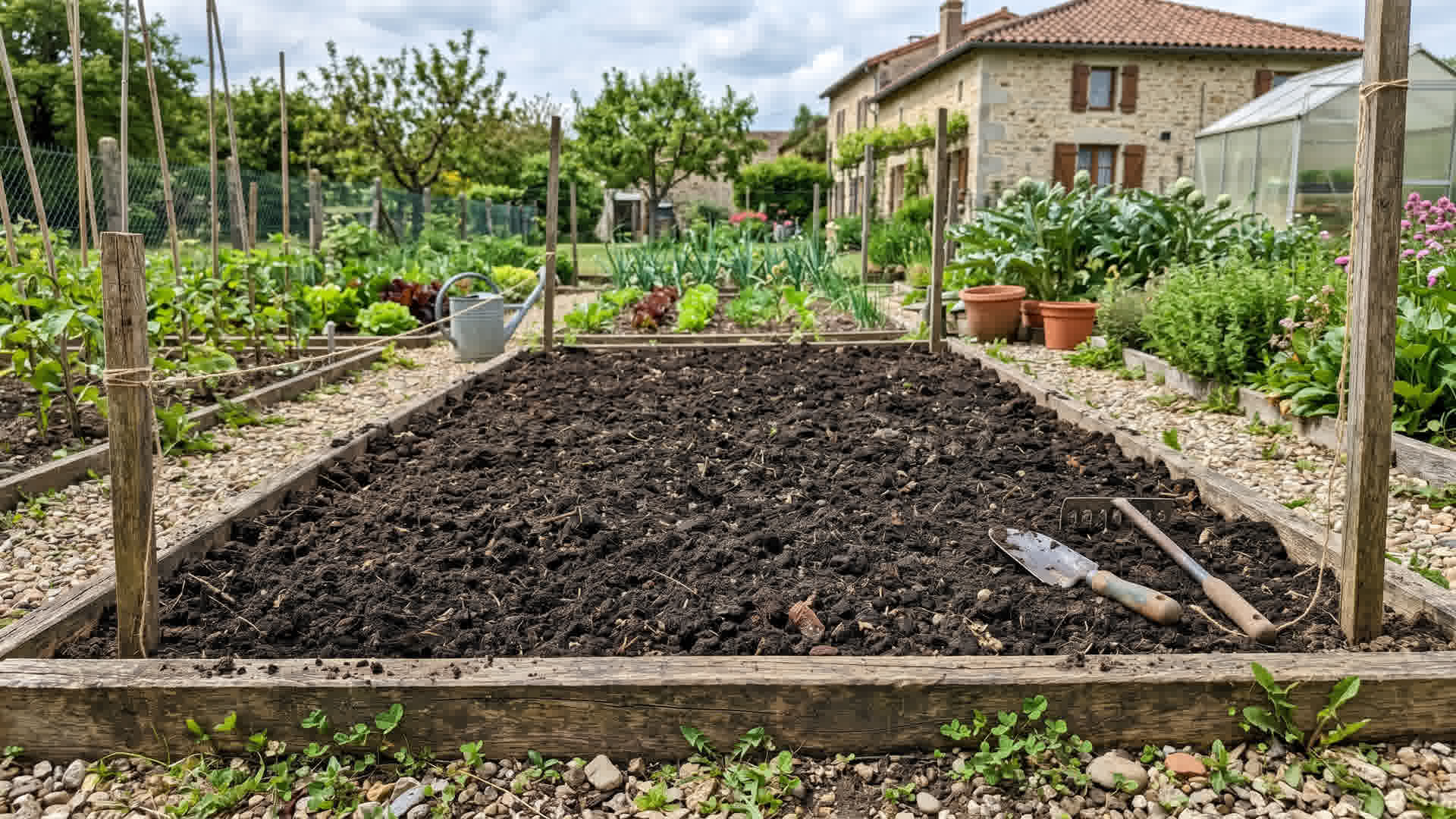 Planche de potager préparée avec terre riche et meuble prête pour les plantations dans un jardin français