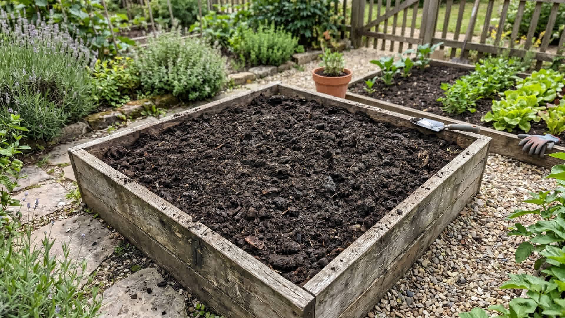 Carré potager rempli avec un mélange de terreau sombre et riche prêt pour les plantations dans un jardin français
