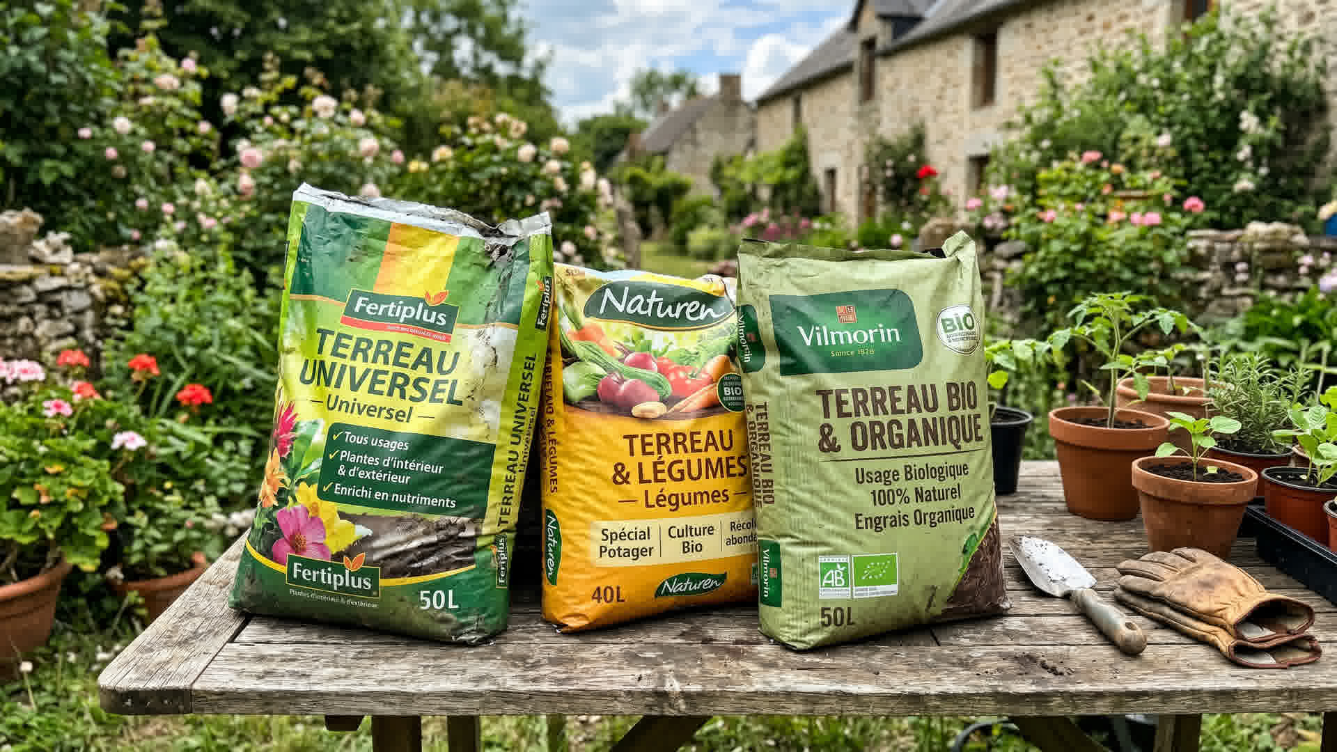 Différents sacs de terreau sur une table de jardin français : universel, potager, bio, avec étiquettes visibles