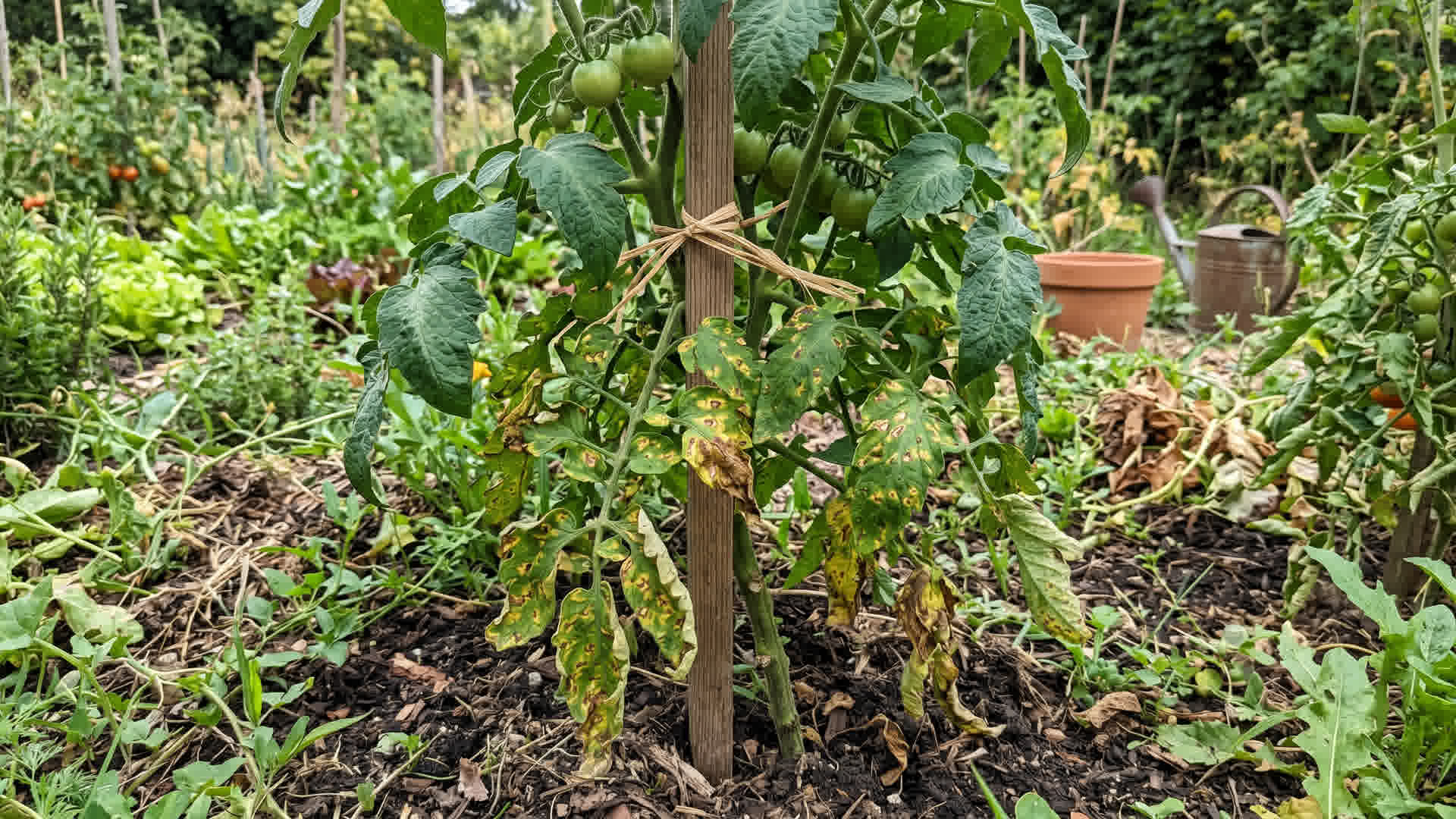 Feuilles de tomate atteintes de mildiou avec taches brunes et jaunissement