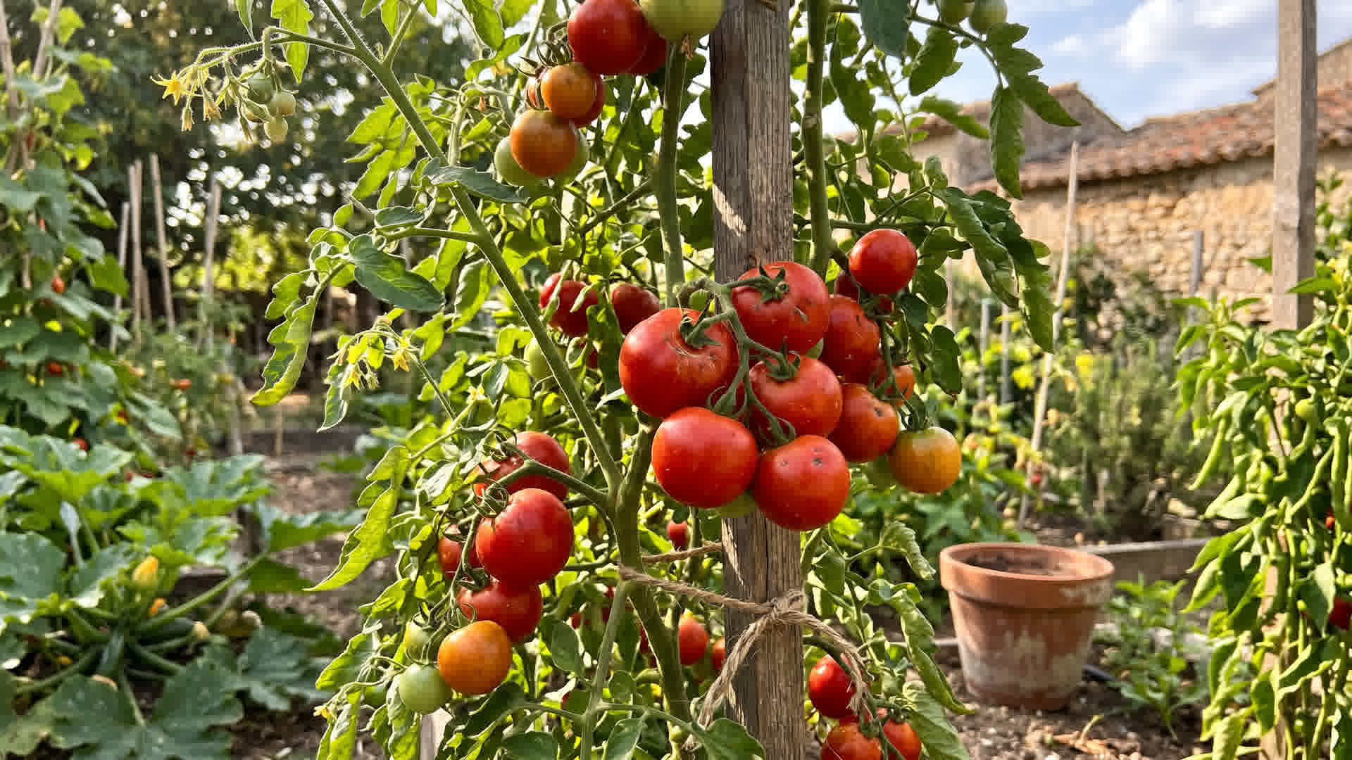 Tomates rouges et vertes sur pied dans un potager français