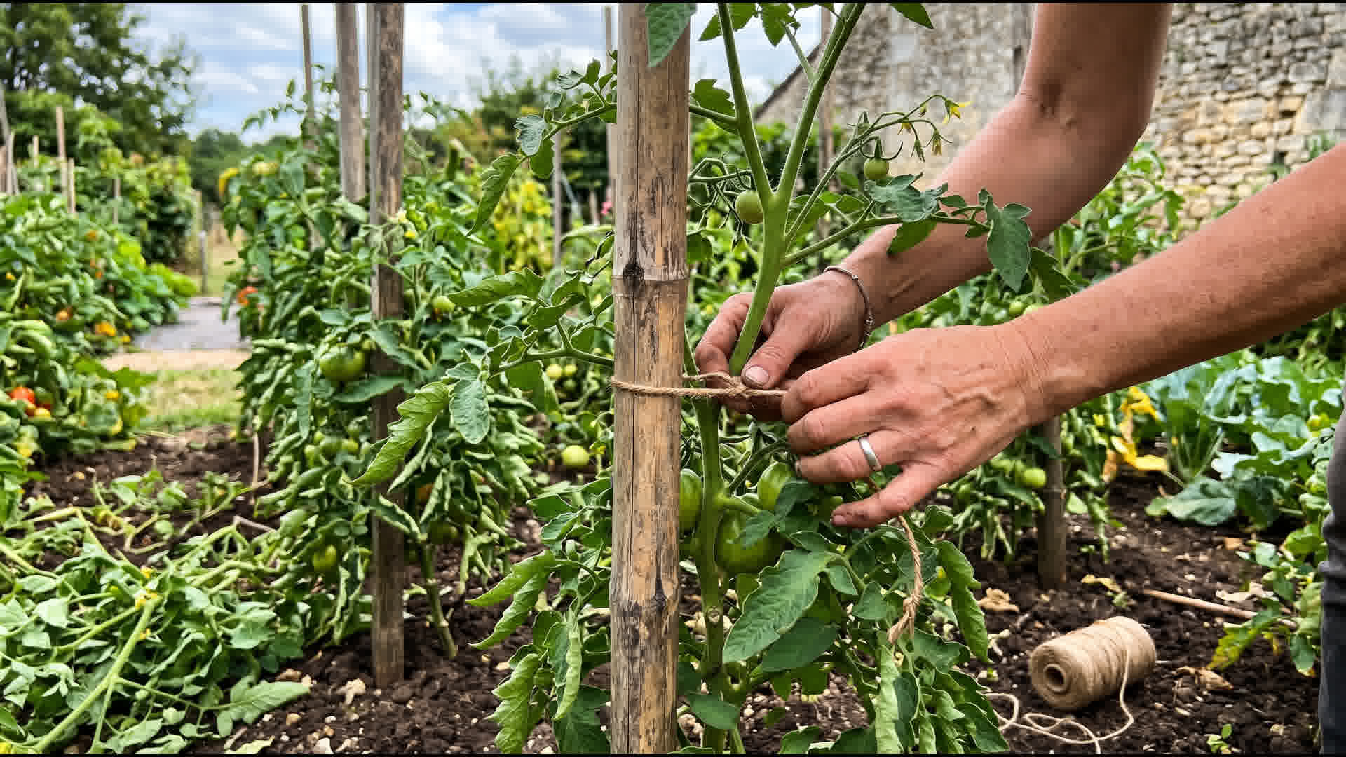 Plant de tomate attaché à un tuteur en bambou avec du lien de jardinage