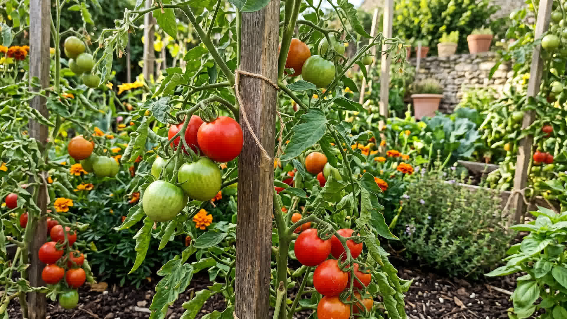Tomates rouges mûres sur le pied dans un jardin français avec quelques tomates encore vertes