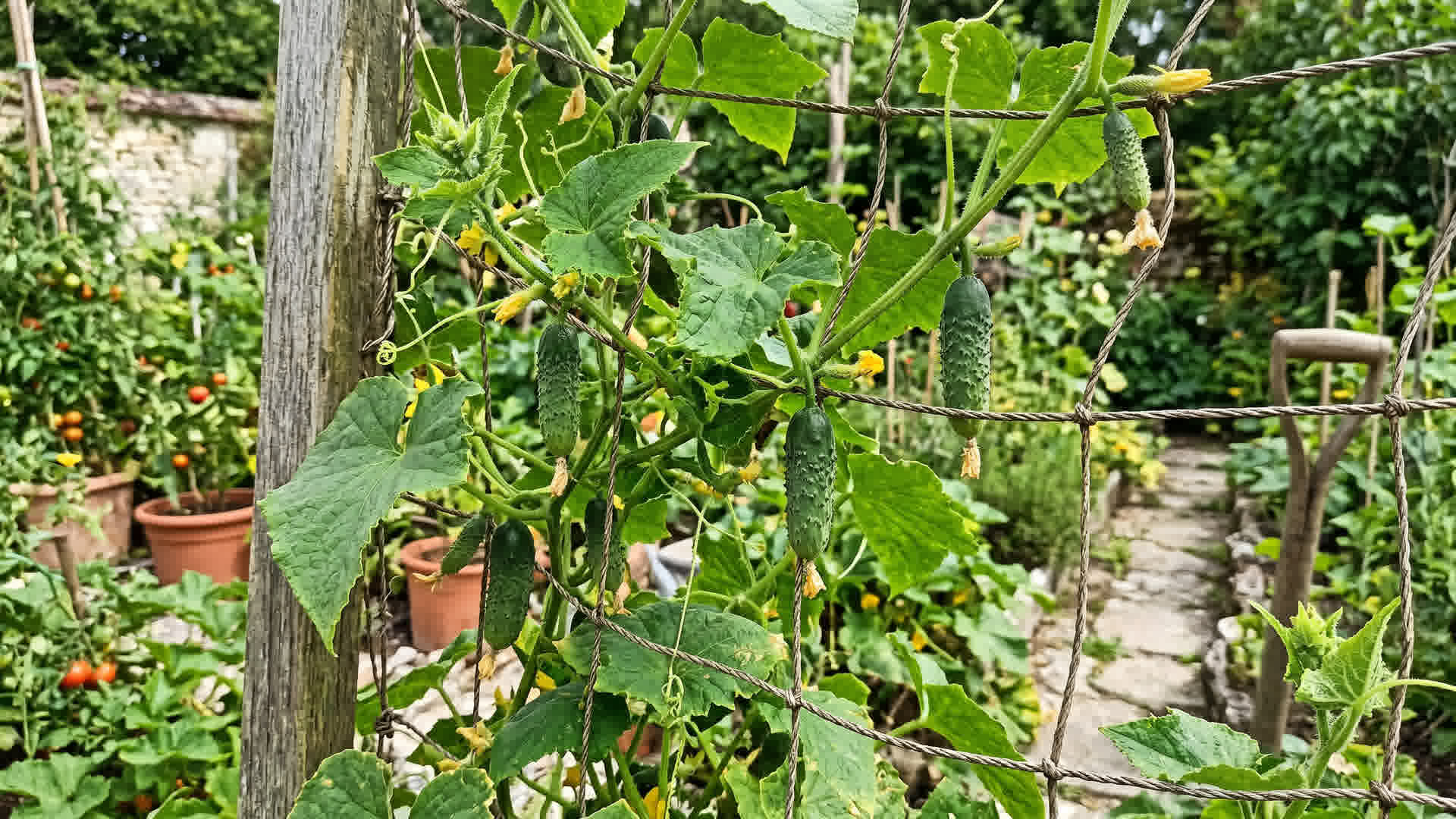 Plants de concombres grimpant sur un filet de palissage