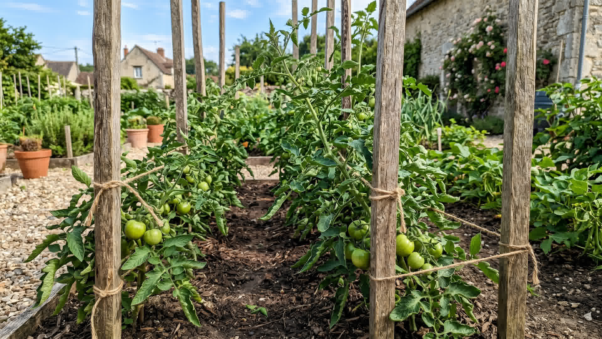 Plants de tomates soutenus par des tuteurs en bois dans un potager